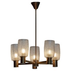 1960 Brass Chandelier With Five Large Clear Crackled Glass Vases By Doria