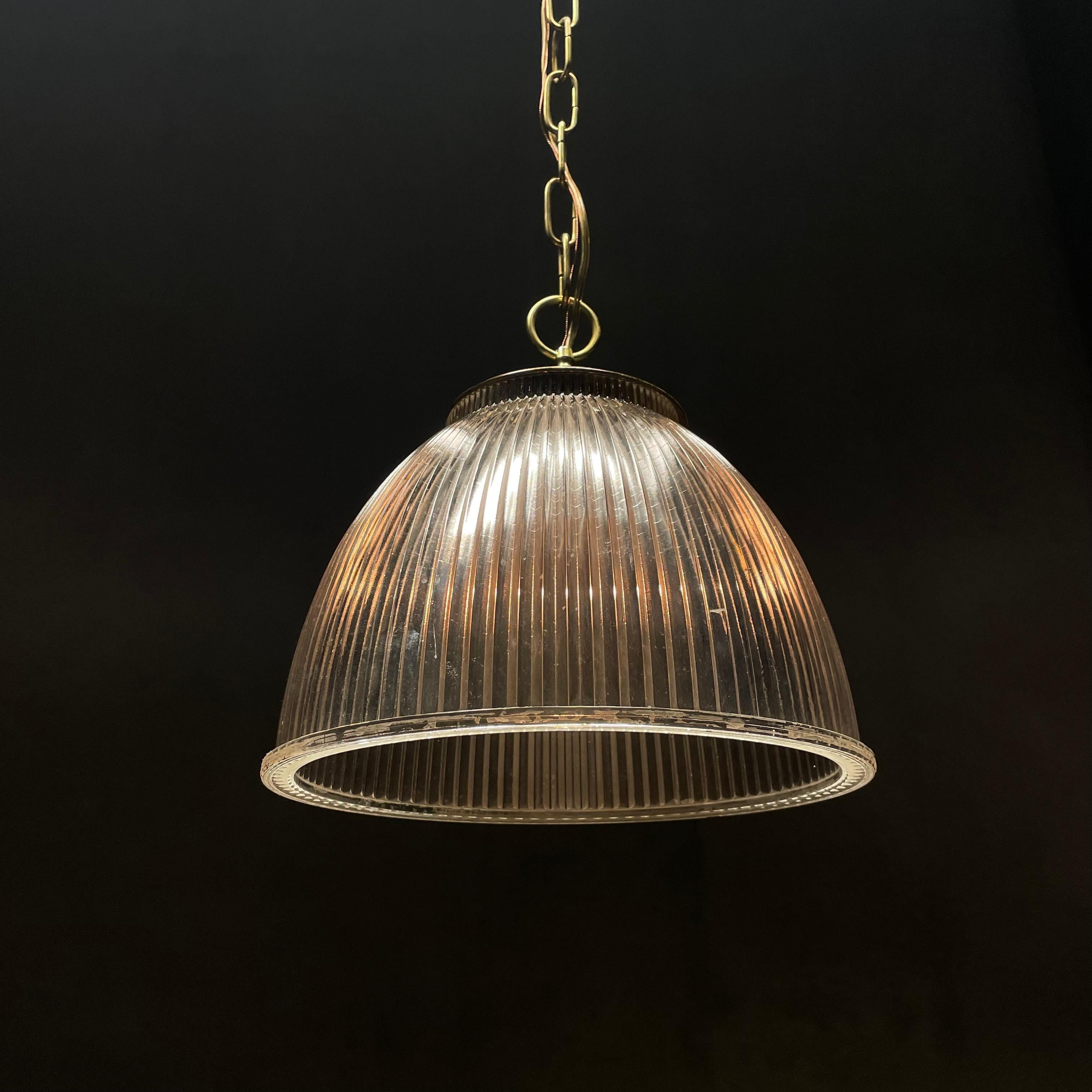 1960 brass holophane pendant lights  In Good Condition For Sale In Surrey, BC