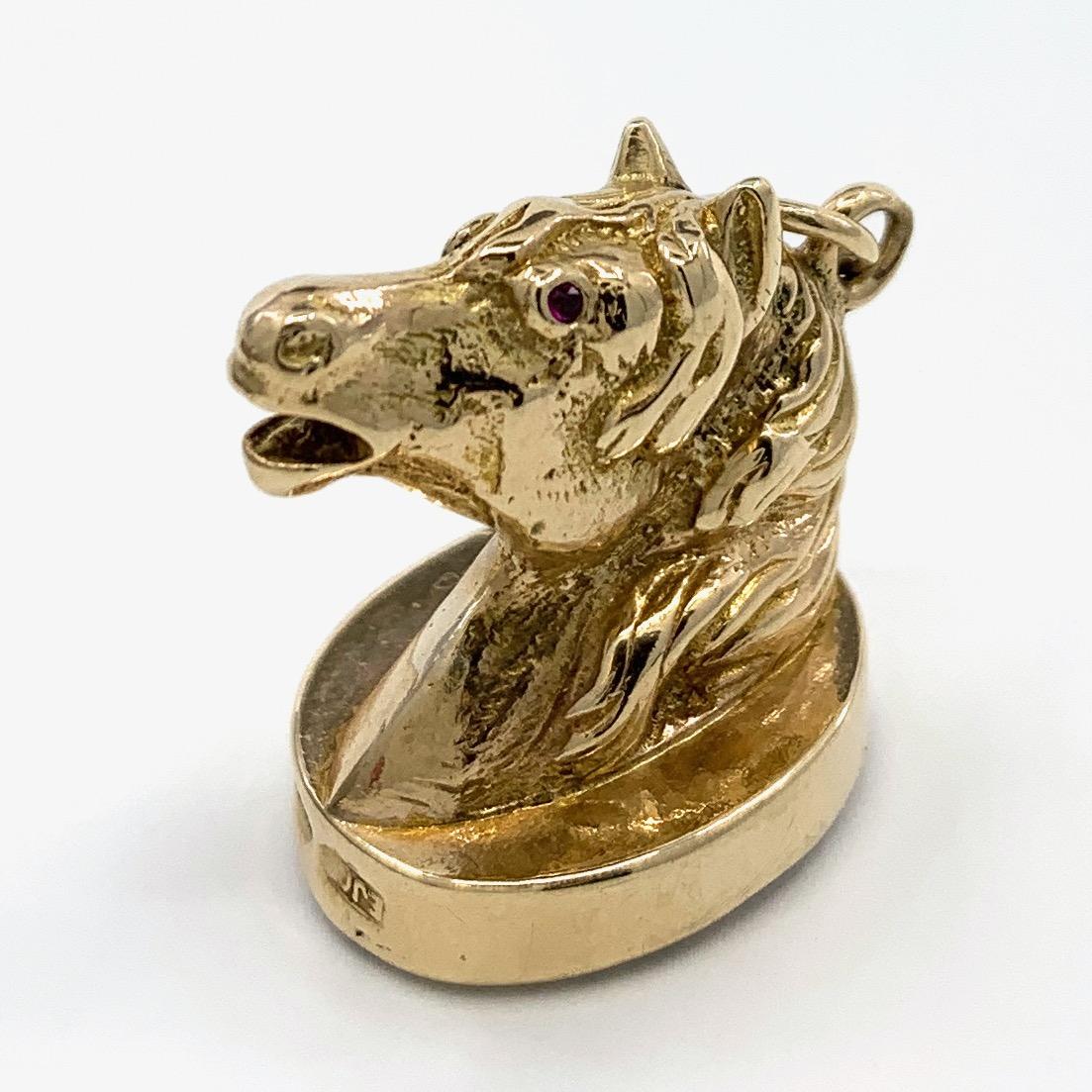 Round Cut 1960 British Horse Seal Gold Fob Pendant with Bloodstone Base and Ruby Eyes