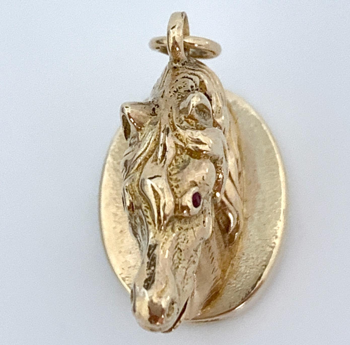 Women's or Men's 1960 British Horse Seal Gold Fob Pendant with Bloodstone Base and Ruby Eyes