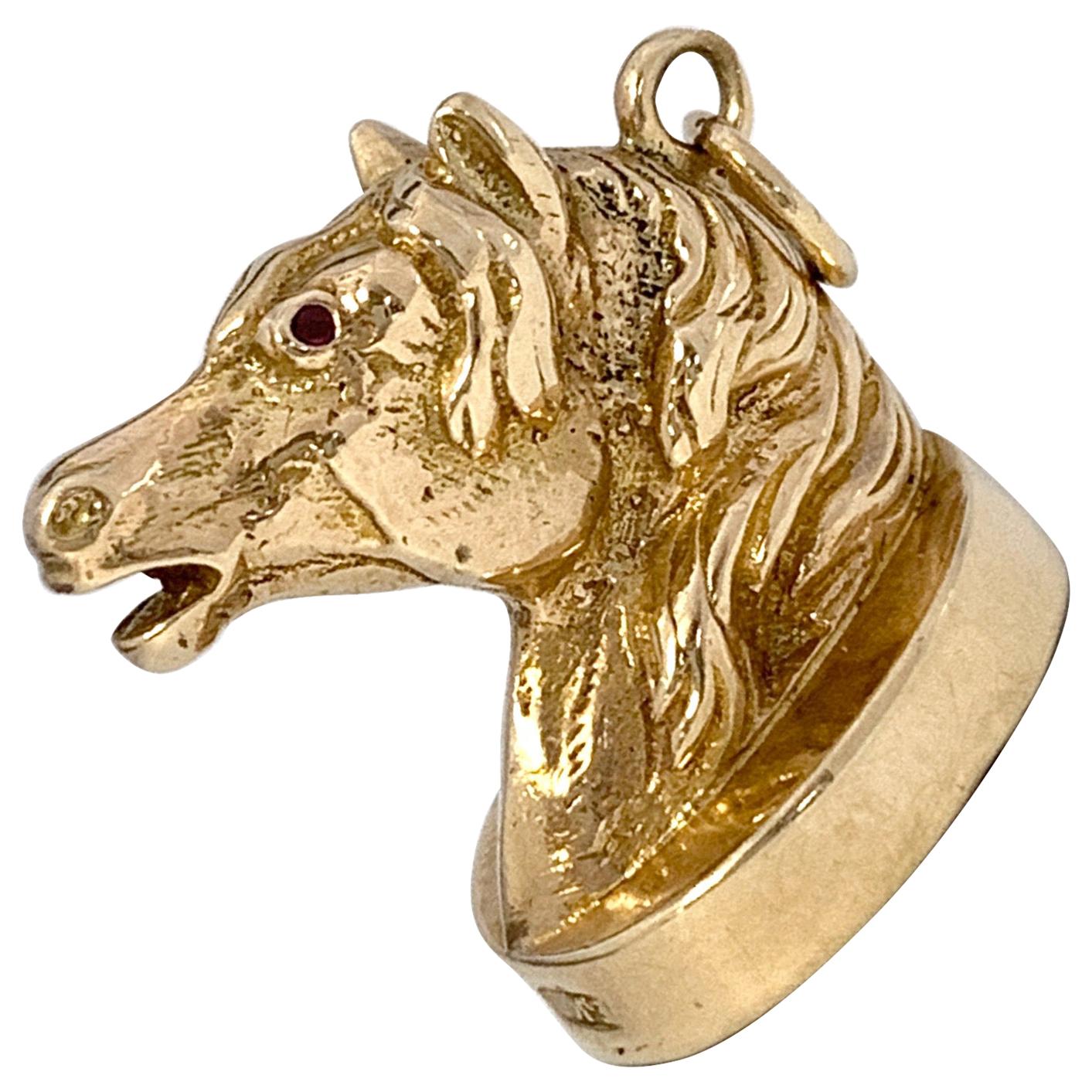 1960 British Horse Seal Gold Fob Pendant with Bloodstone Base and Ruby Eyes