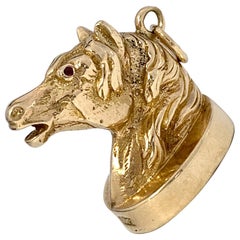 1960 British Horse Seal Gold Fob Pendant with Bloodstone Base and Ruby Eyes