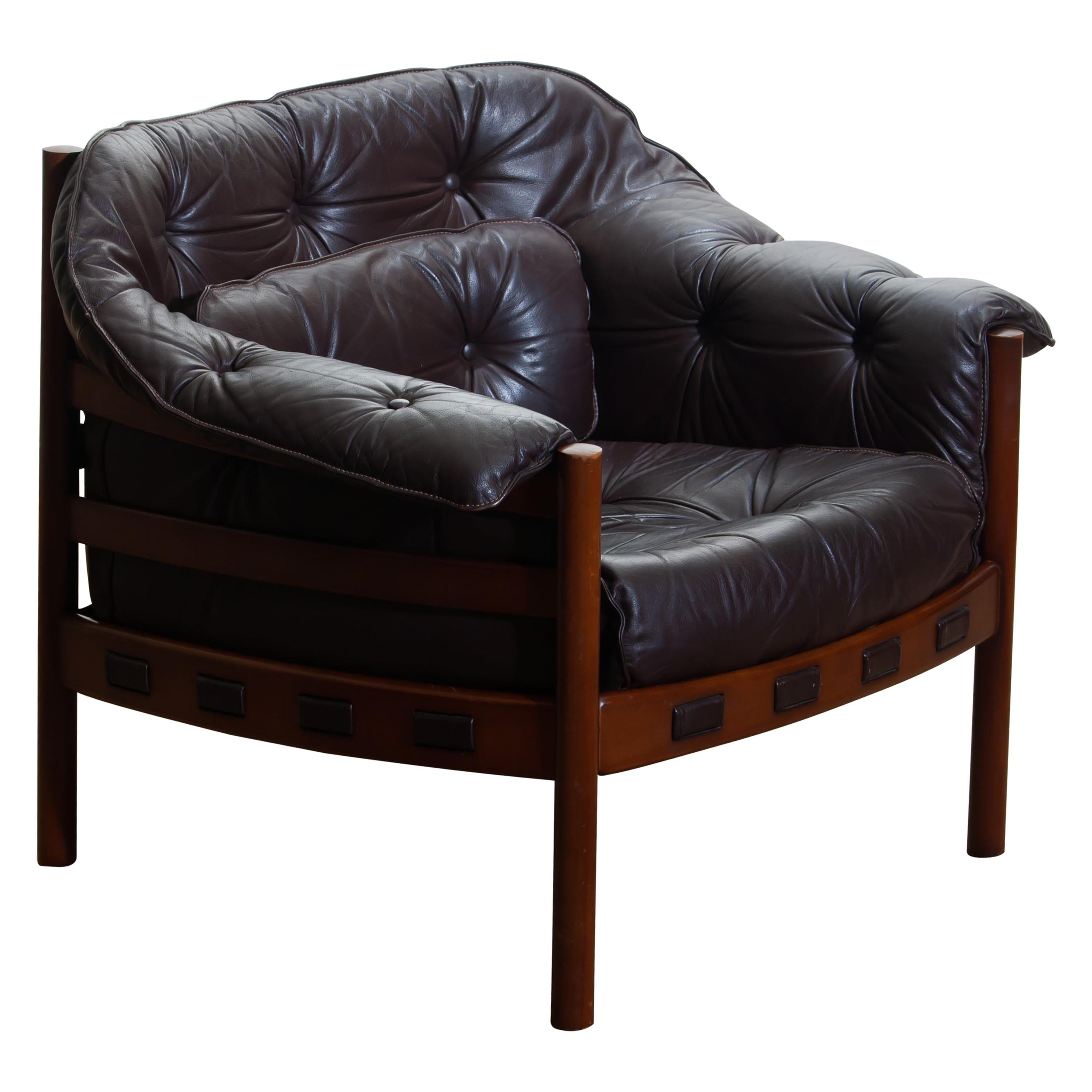 Swedish 1960, Brown Leather Teak Lounge Chair by Arne Norell for Coja, Sweden
