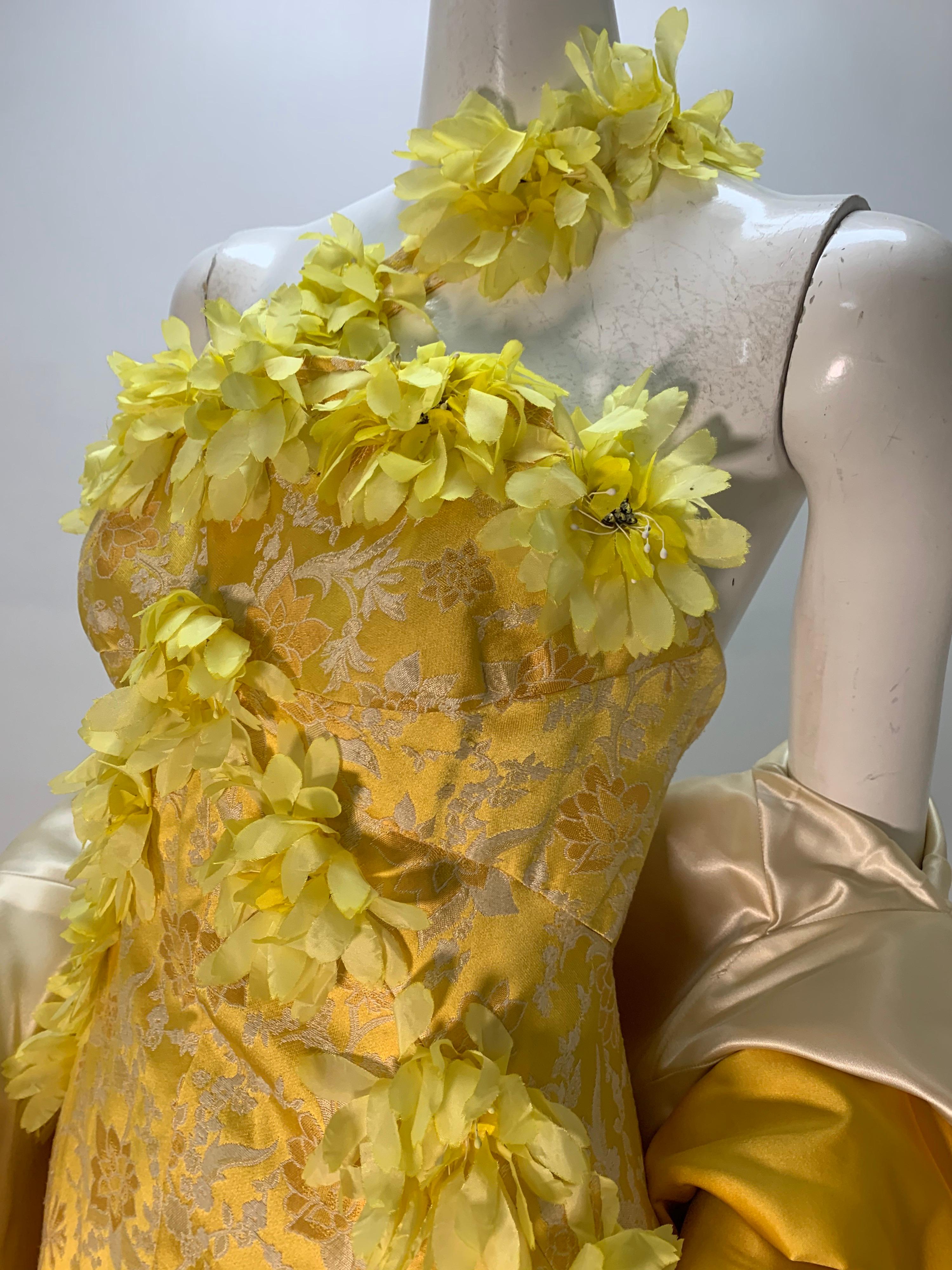 1960 Canary Yellow Silk Brocade Flower Appliqué Cocktail Dress & Opera Coat For Sale 3