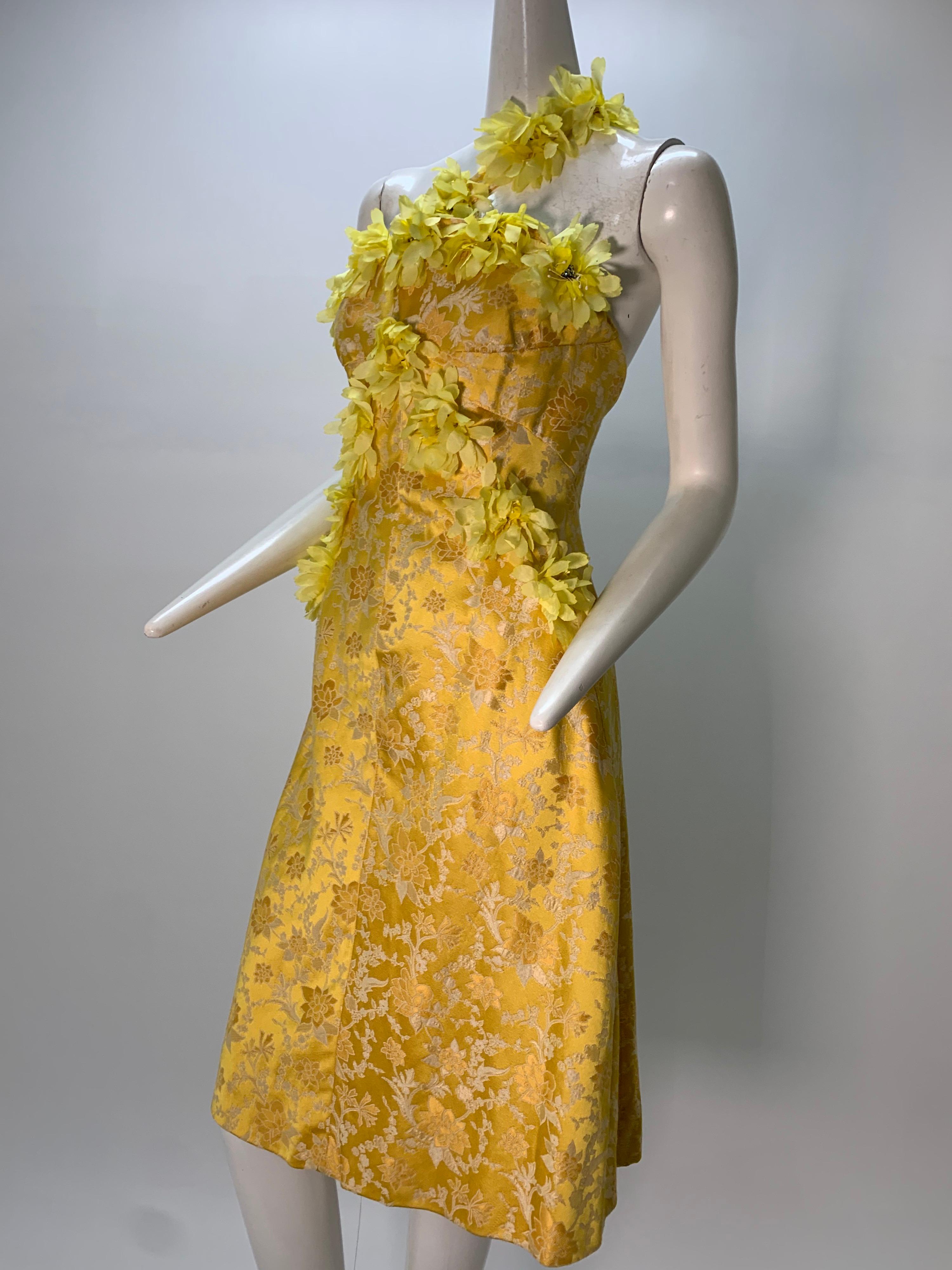 1960 Canary Yellow Silk Brocade Flower Appliqué Cocktail Dress & Opera Coat For Sale 4