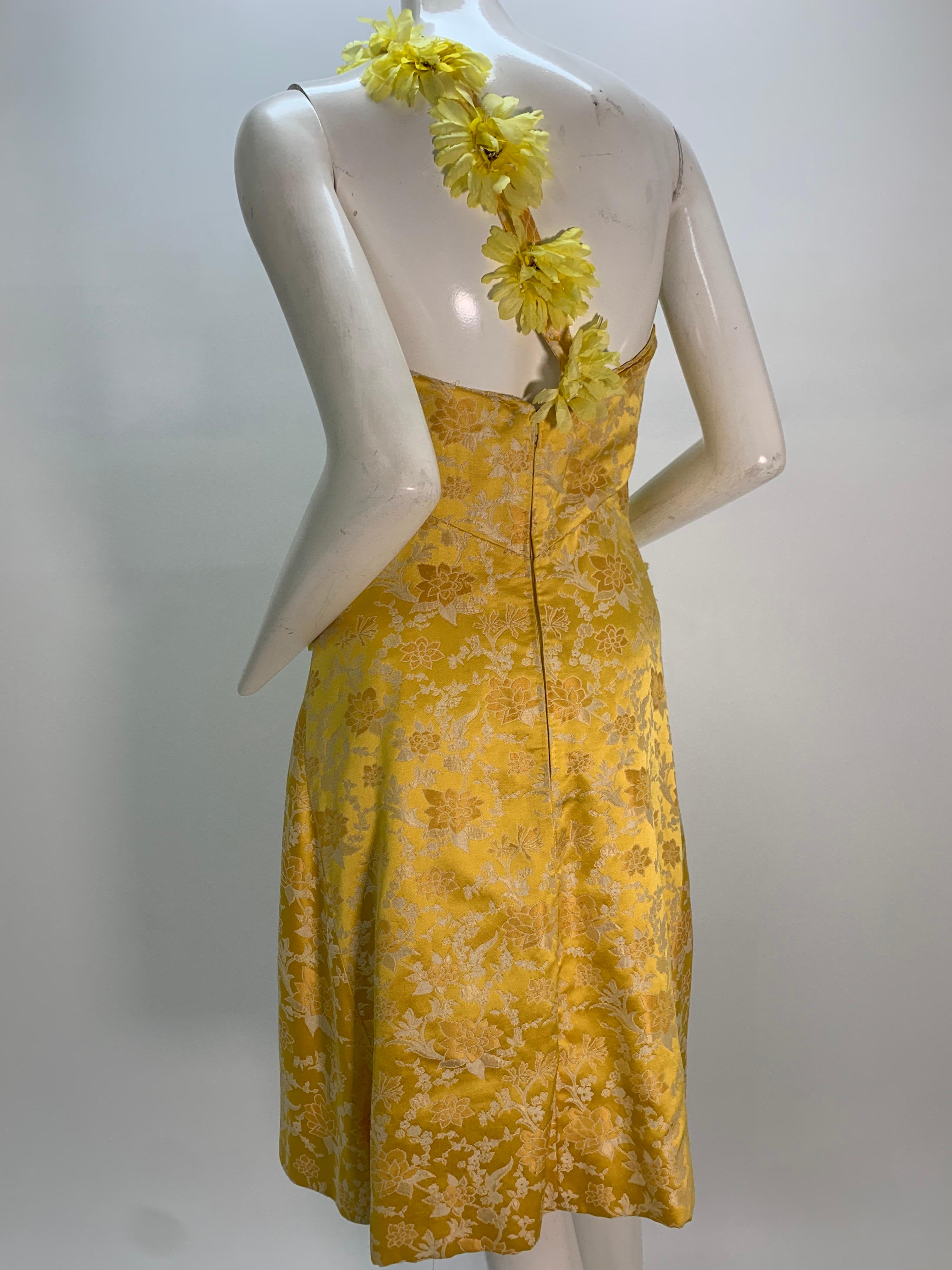 1960 Canary Yellow Silk Brocade Flower Appliqué Cocktail Dress & Opera Coat For Sale 5