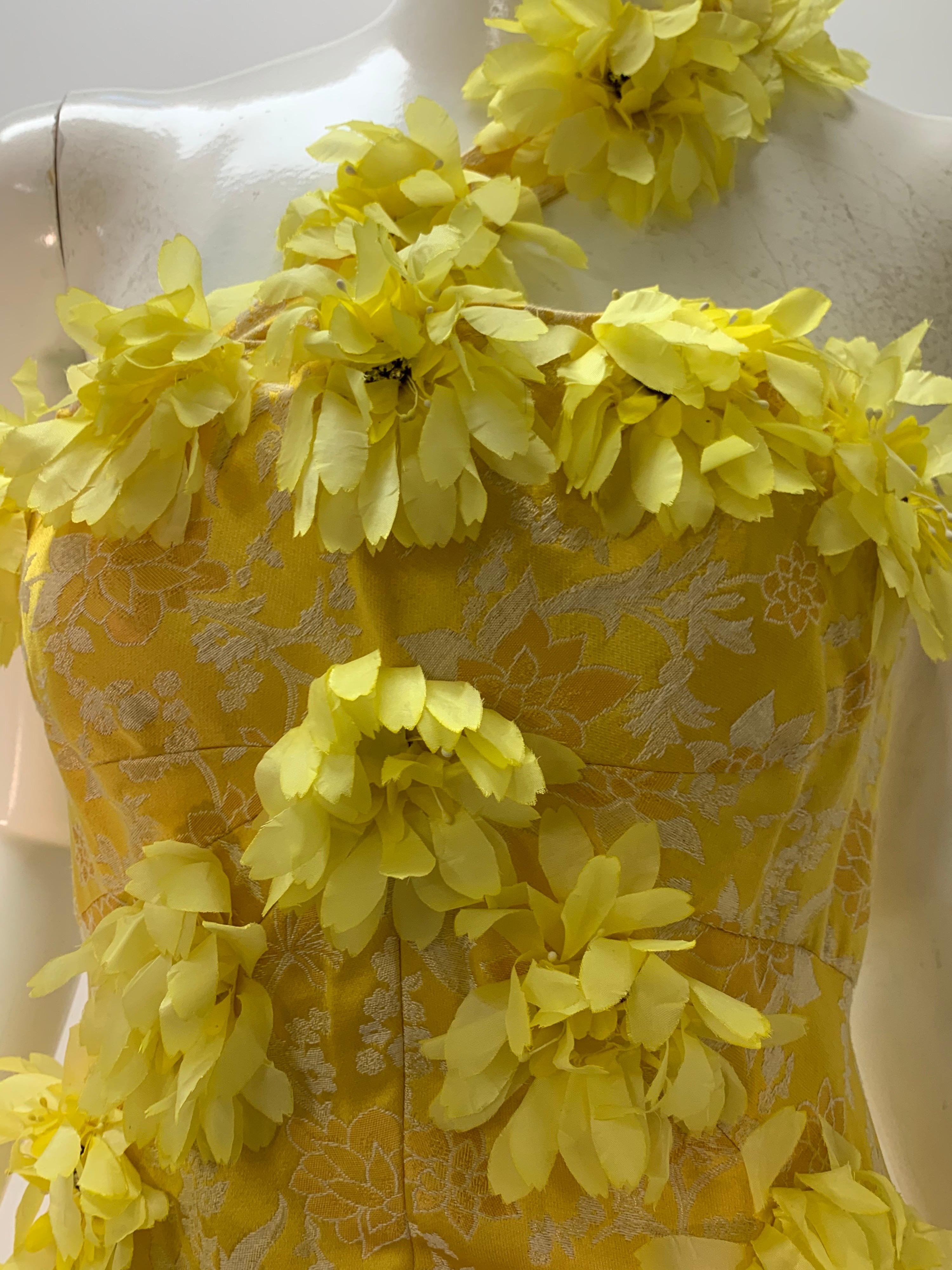 1960 Canary Yellow Silk Brocade Flower Appliqué Cocktail Dress & Opera Coat For Sale 7