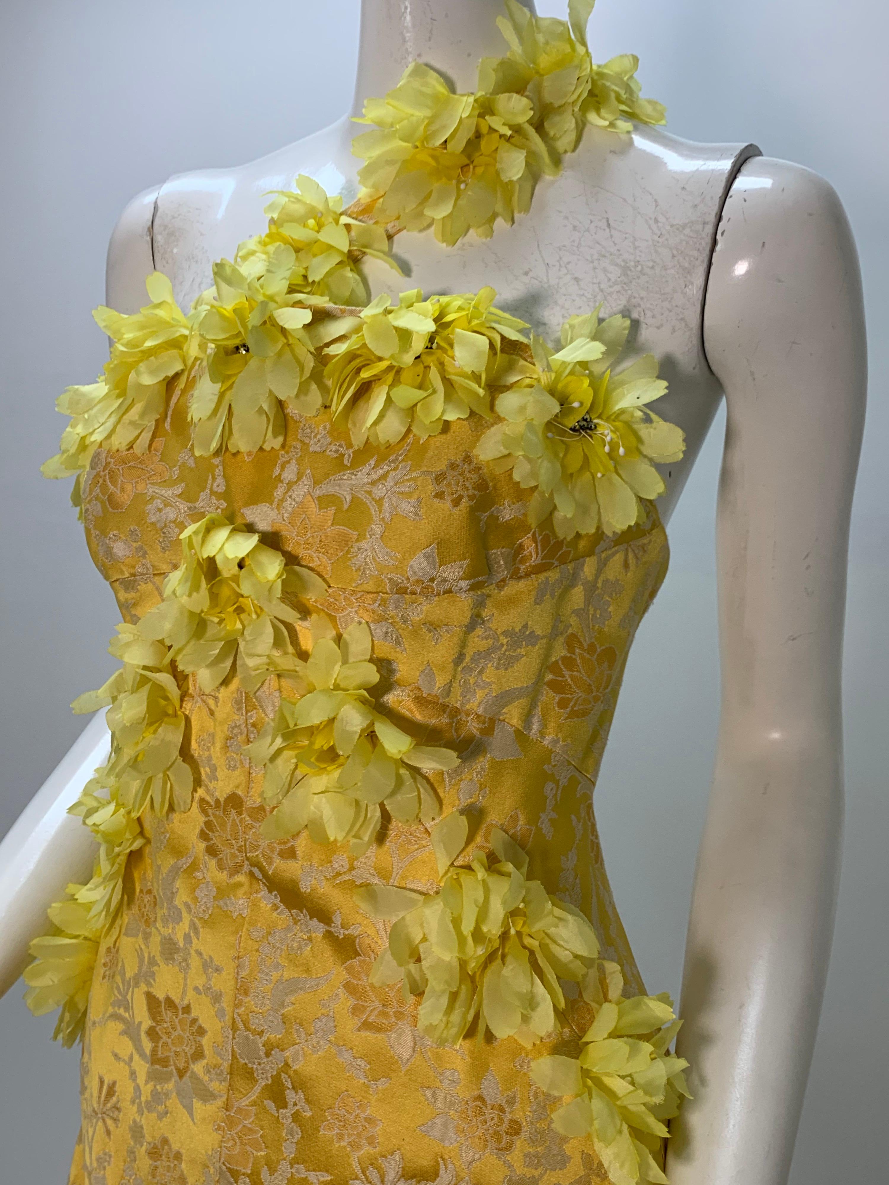 1960 Canary Yellow Silk Brocade Flower Appliqué Cocktail Dress & Opera Coat For Sale 8