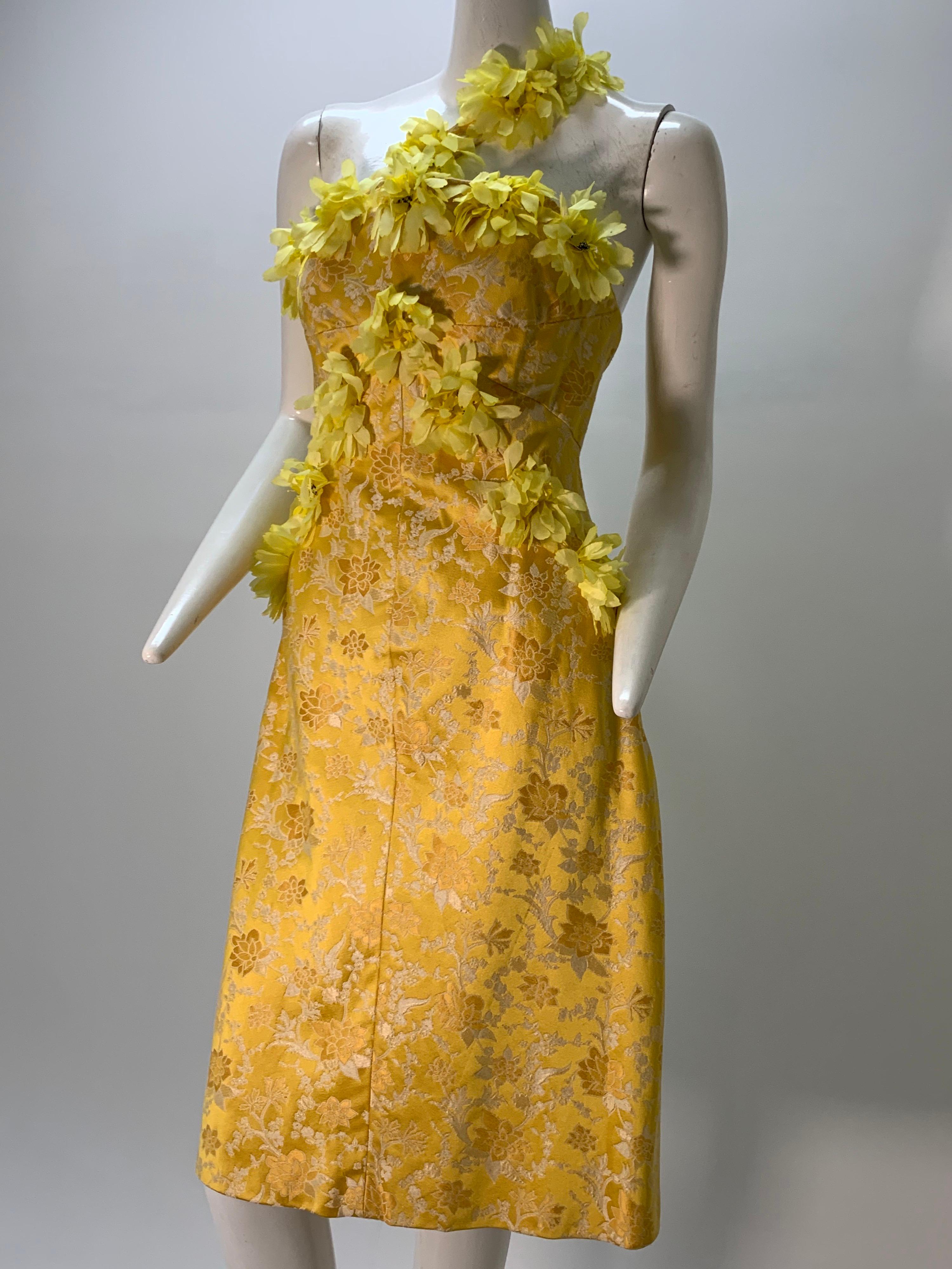 1960 Canary Yellow Silk Brocade Flower Appliqué Cocktail Dress & Opera Coat For Sale 9
