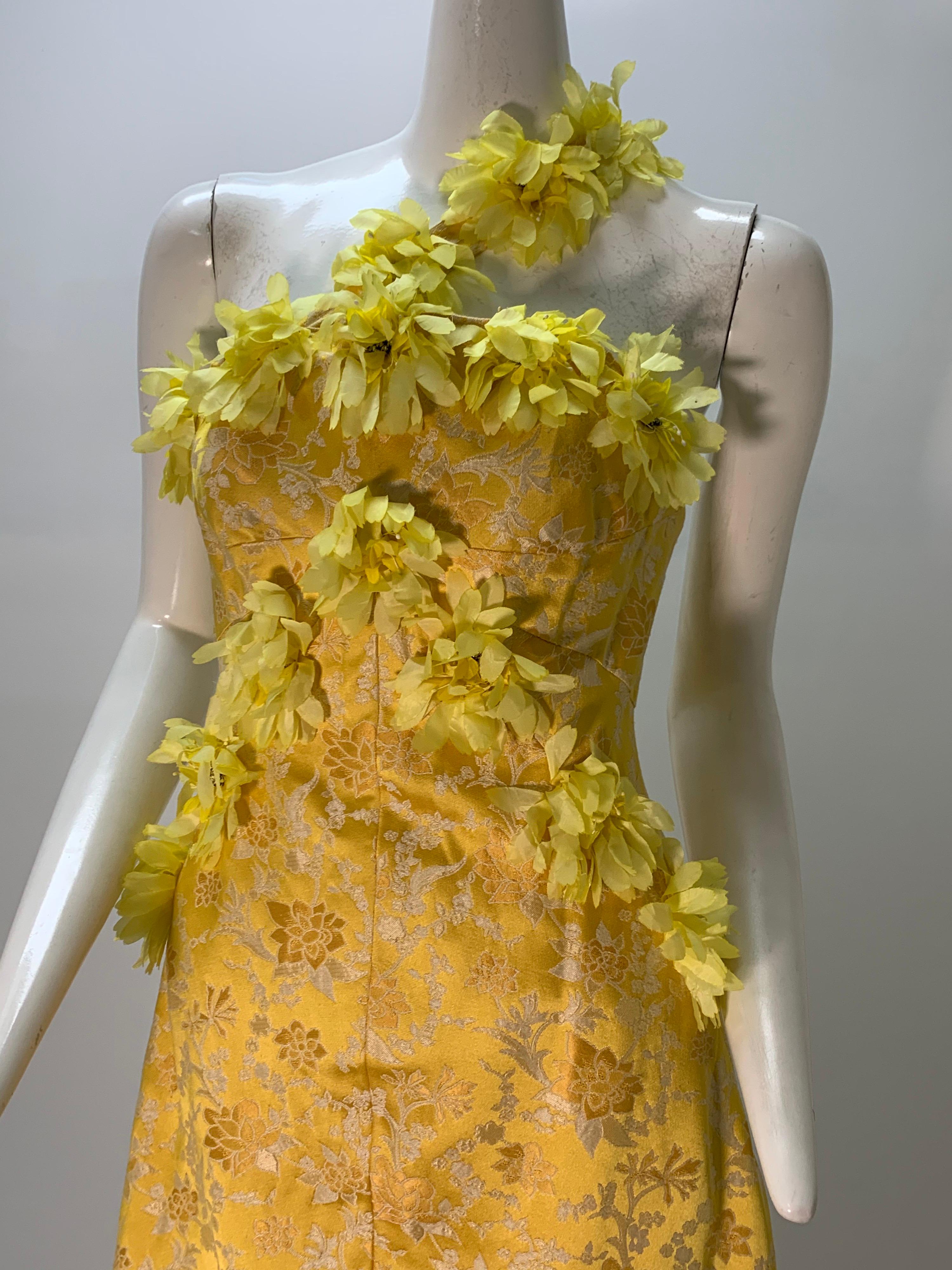 1960 Canary Yellow Silk Brocade Flower Appliqué Cocktail Dress & Opera Coat For Sale 10