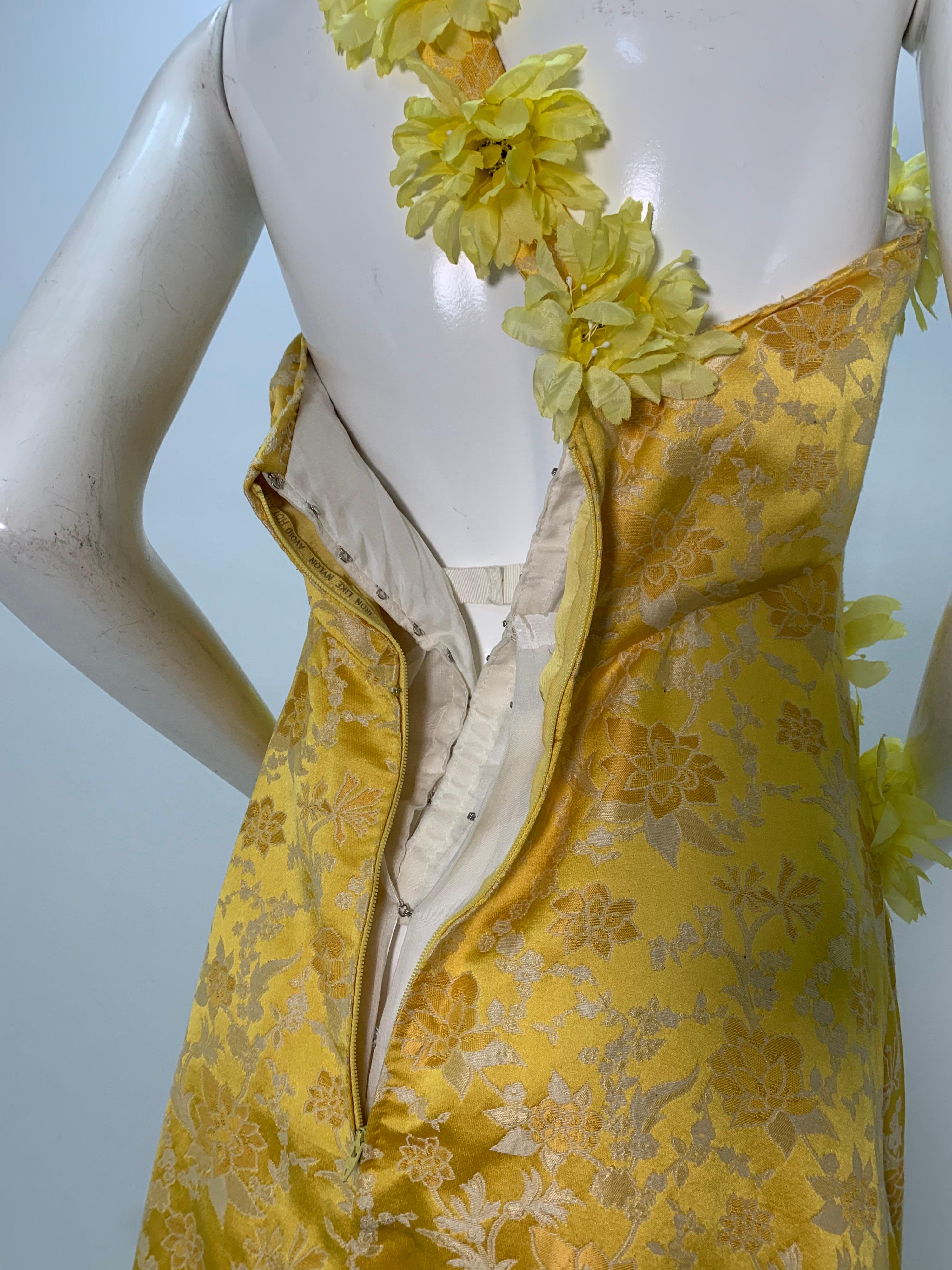 1960 Canary Yellow Silk Brocade Flower Appliqué Cocktail Dress & Opera Coat For Sale 11