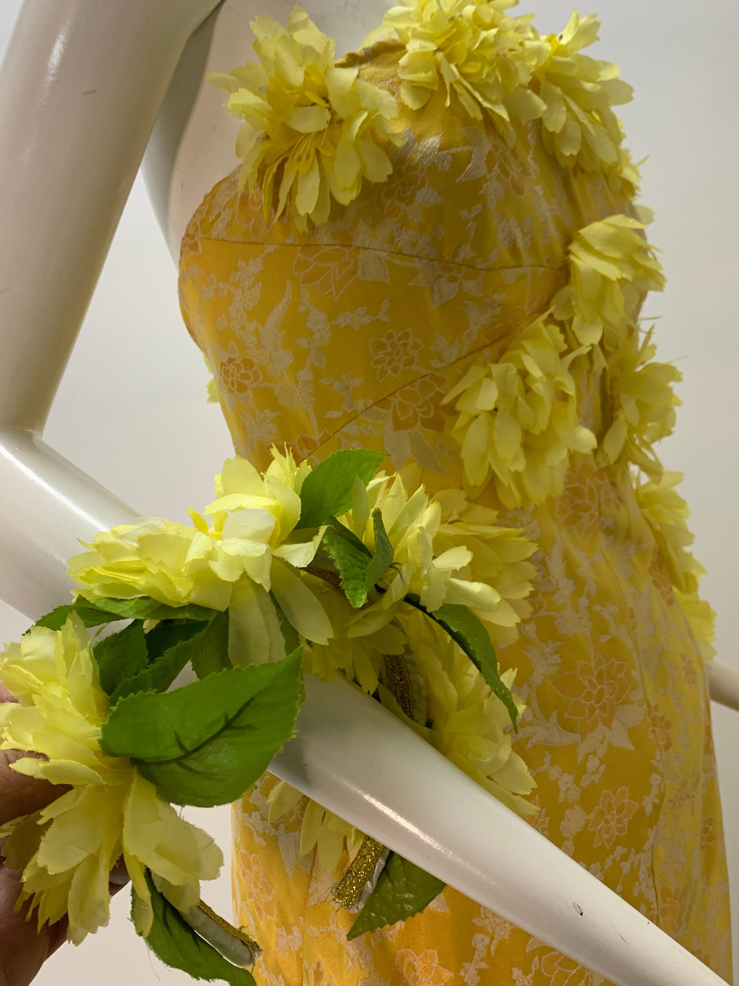 1960 Canary Yellow Silk Brocade Flower Appliqué Cocktail Dress & Opera Coat For Sale 12
