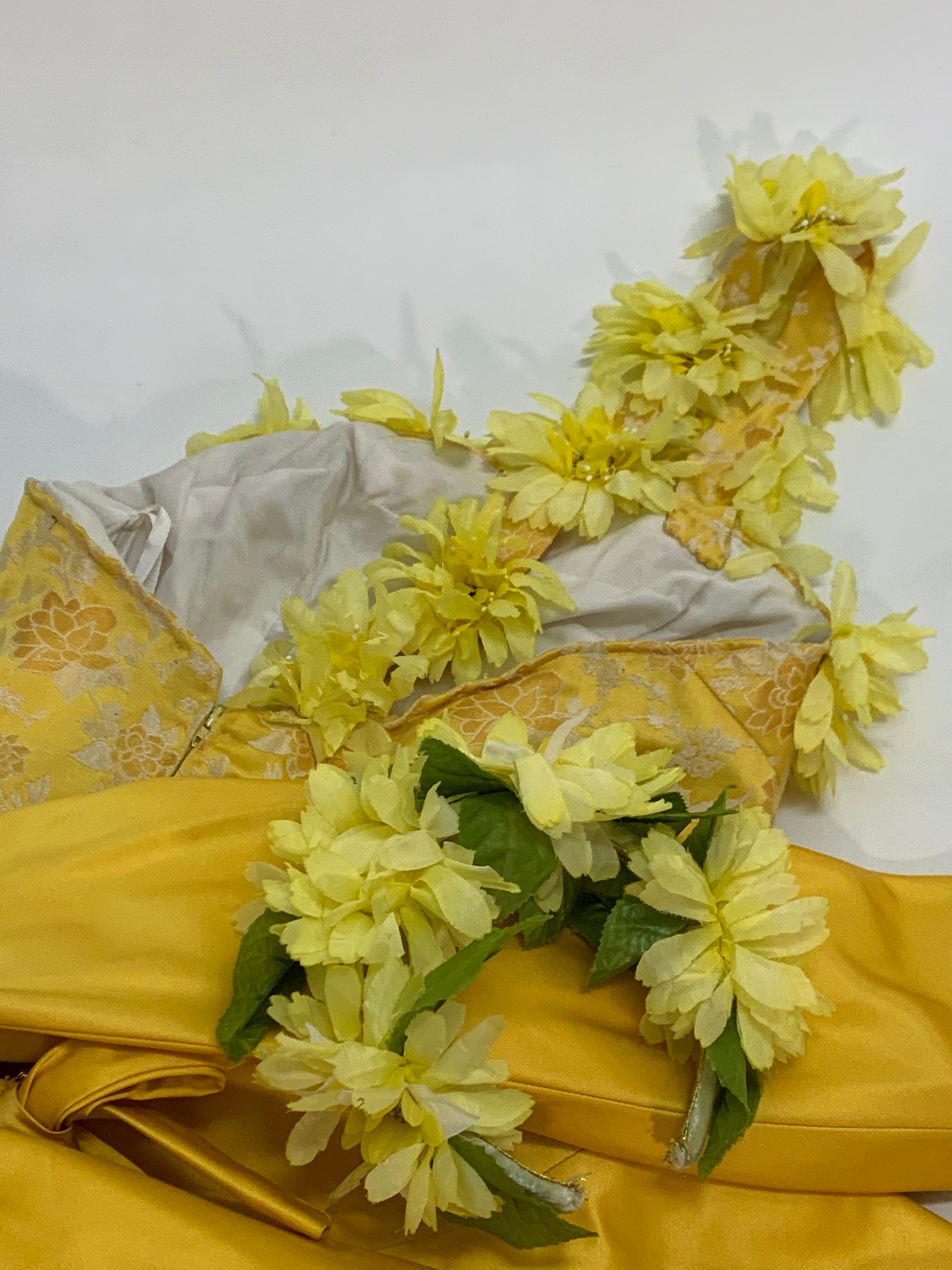 1960 Canary Yellow Silk Brocade Flower Appliqué Cocktail Dress & Opera Coat For Sale 13