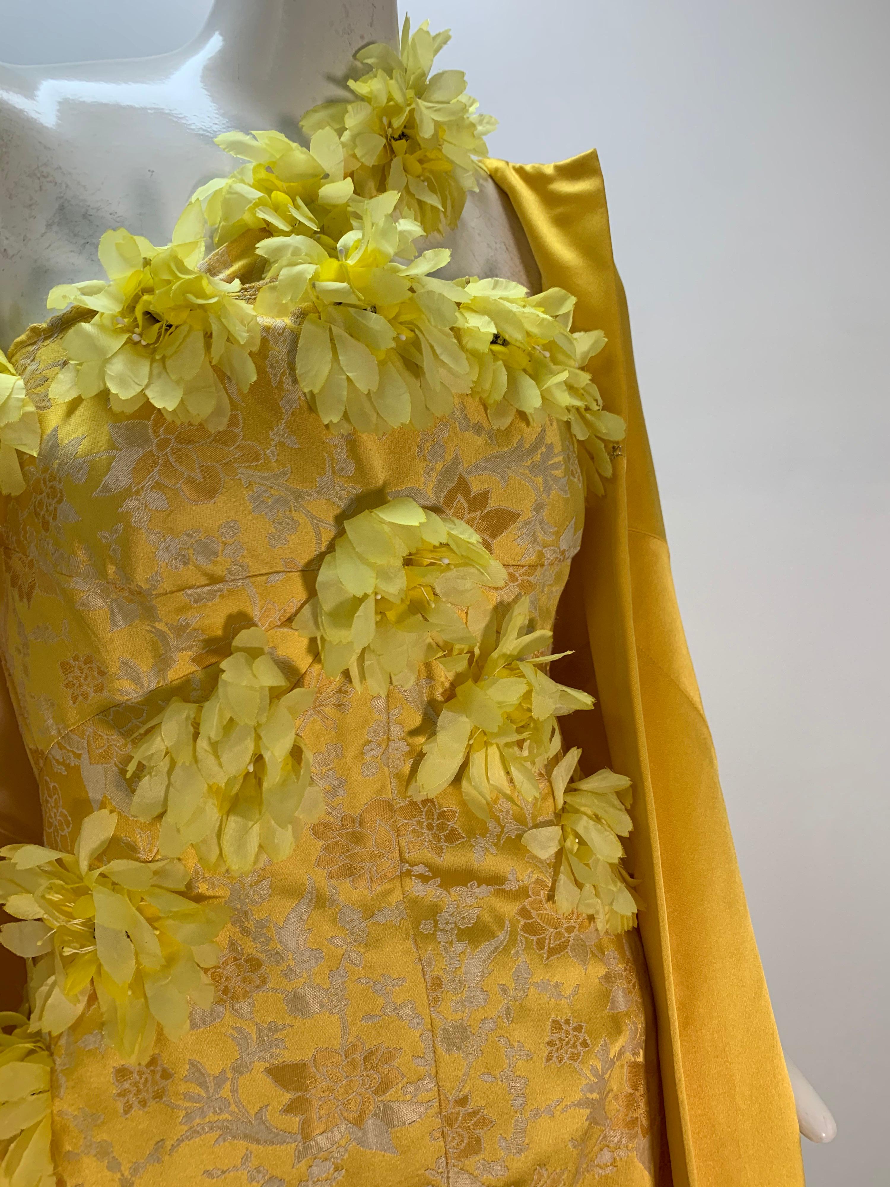 1960 Canary Yellow Silk Brocade Flower Appliqué Cocktail Dress & Opera Coat In Excellent Condition For Sale In Gresham, OR