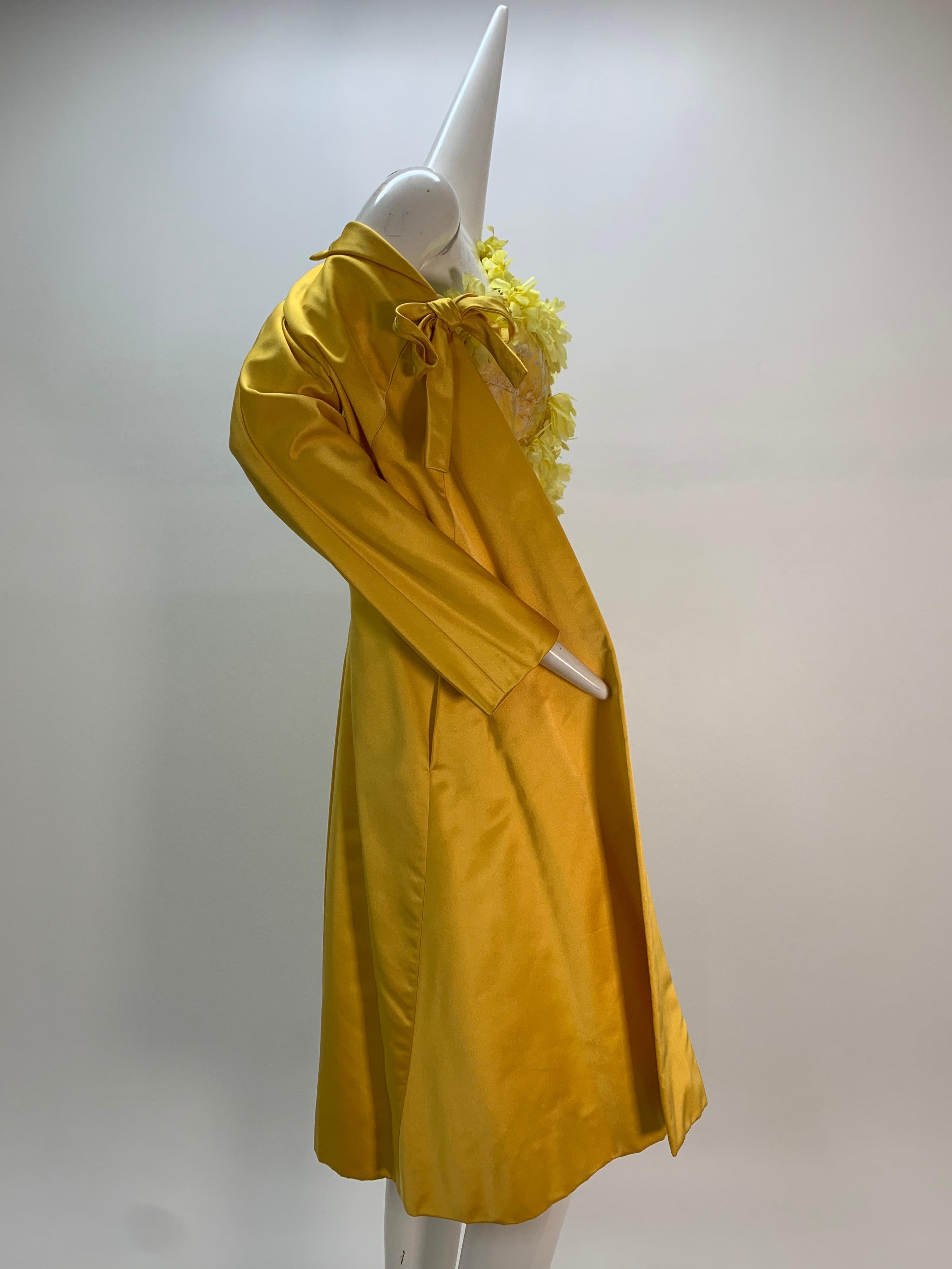 Women's 1960 Canary Yellow Silk Brocade Flower Appliqué Cocktail Dress & Opera Coat For Sale