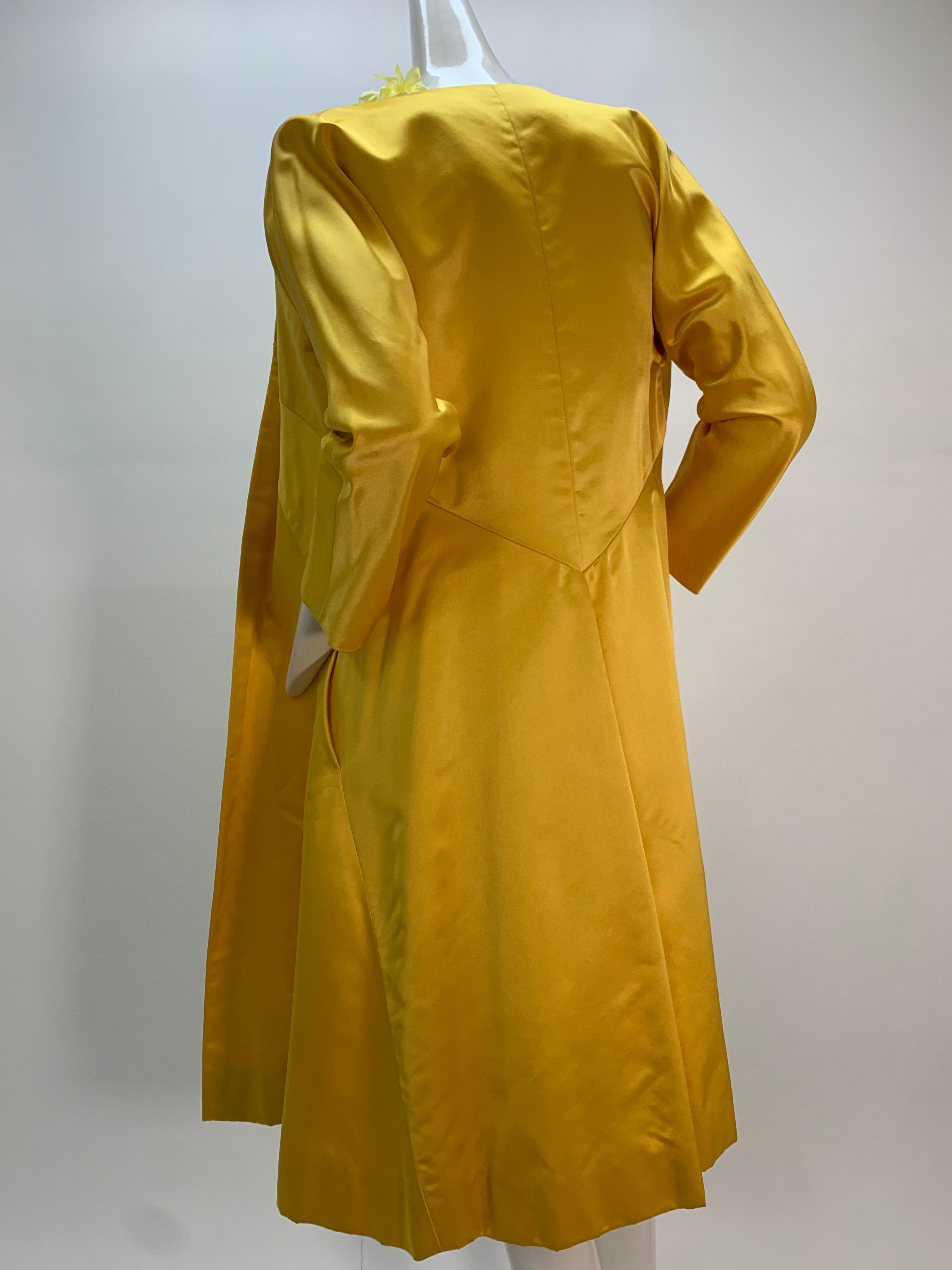 1960 Canary Yellow Silk Brocade Flower Appliqué Cocktail Dress & Opera Coat For Sale 1