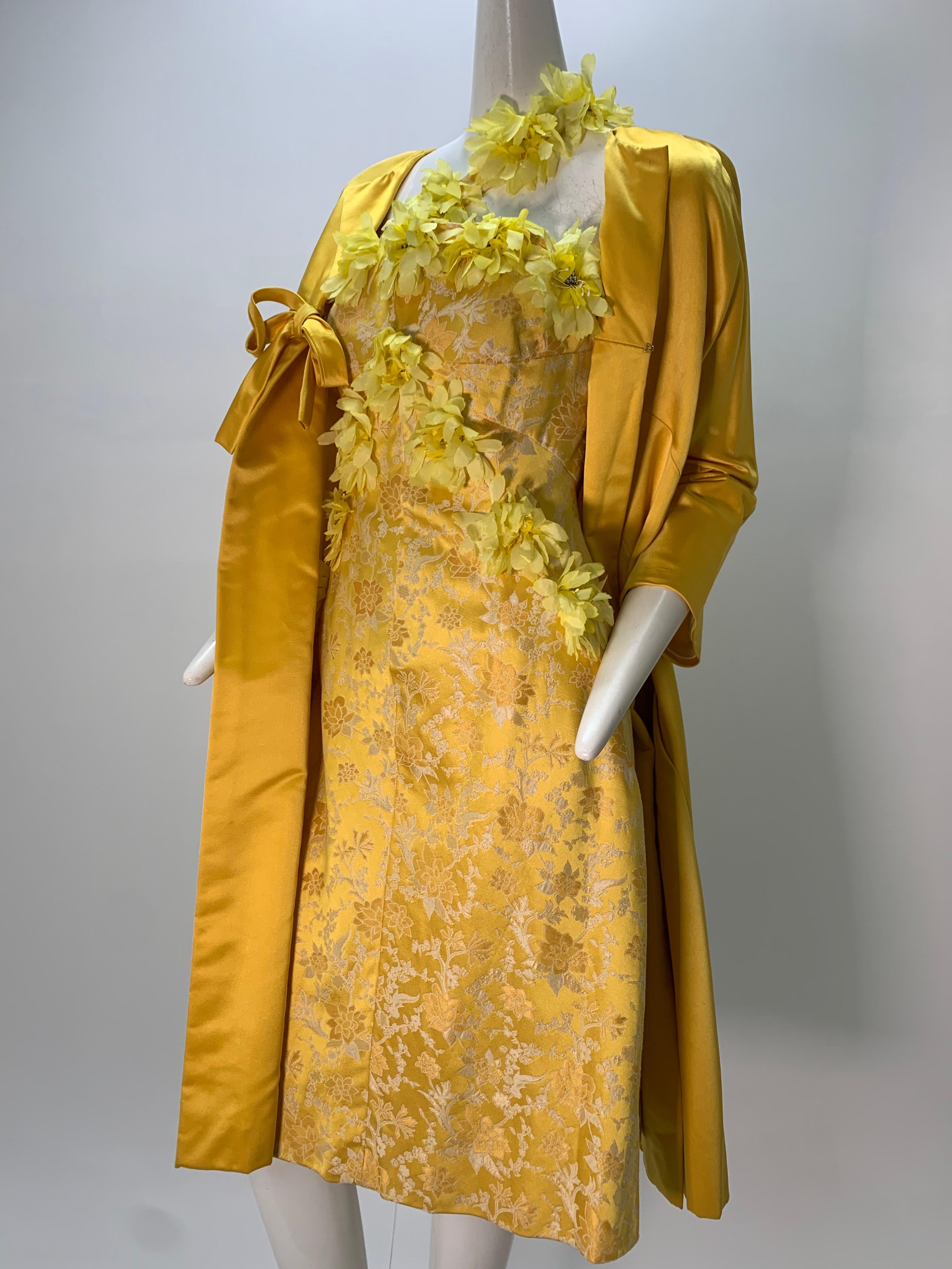 1960 Canary Yellow Silk Brocade Flower Appliqué Cocktail Dress & Opera Coat For Sale 2