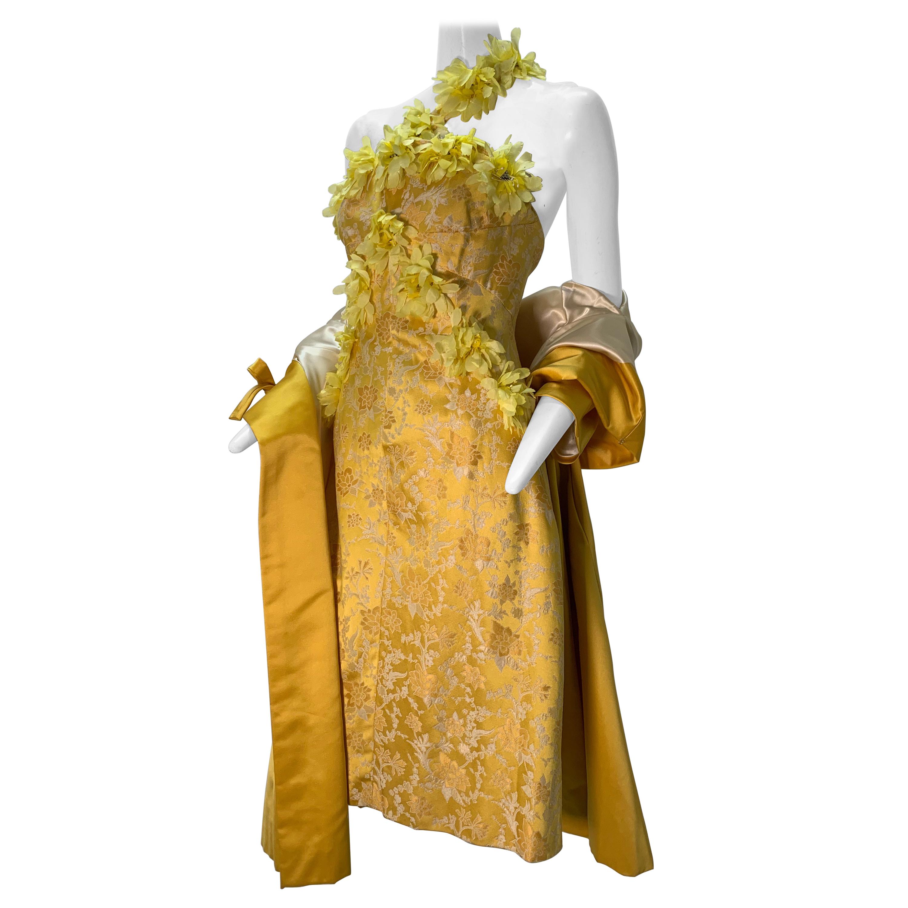 1960 Canary Yellow Silk Brocade Flower Appliqué Cocktail Dress & Opera Coat