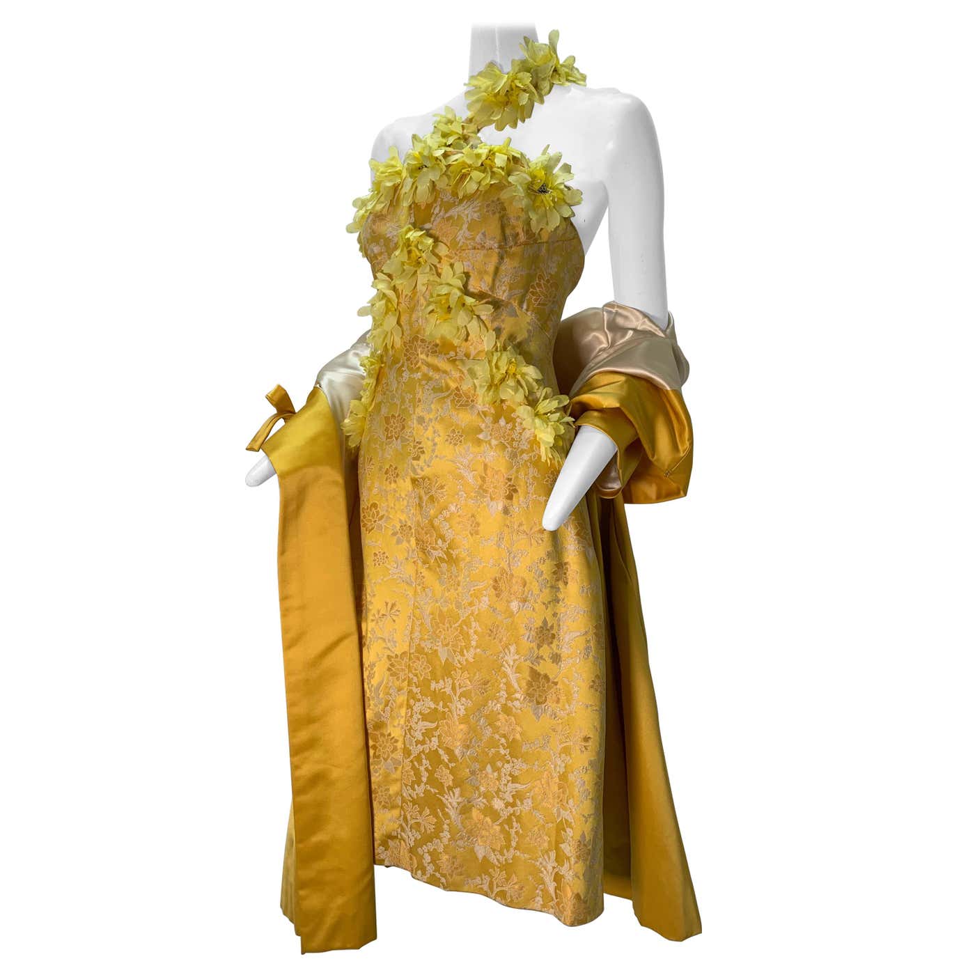 1960 Canary Yellow Silk Brocade Flower Appliqué Cocktail Dress and ...
