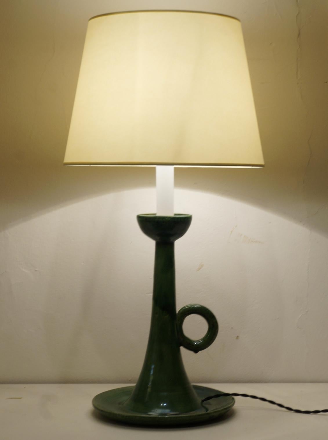Green satin ceramic candleholder table lamp, custom made lampshade, rewired with twisted silk cord.
Measures: Ceramic 33 cm, 13 in.
Height with shade 64 cm, 25.2 in.




 