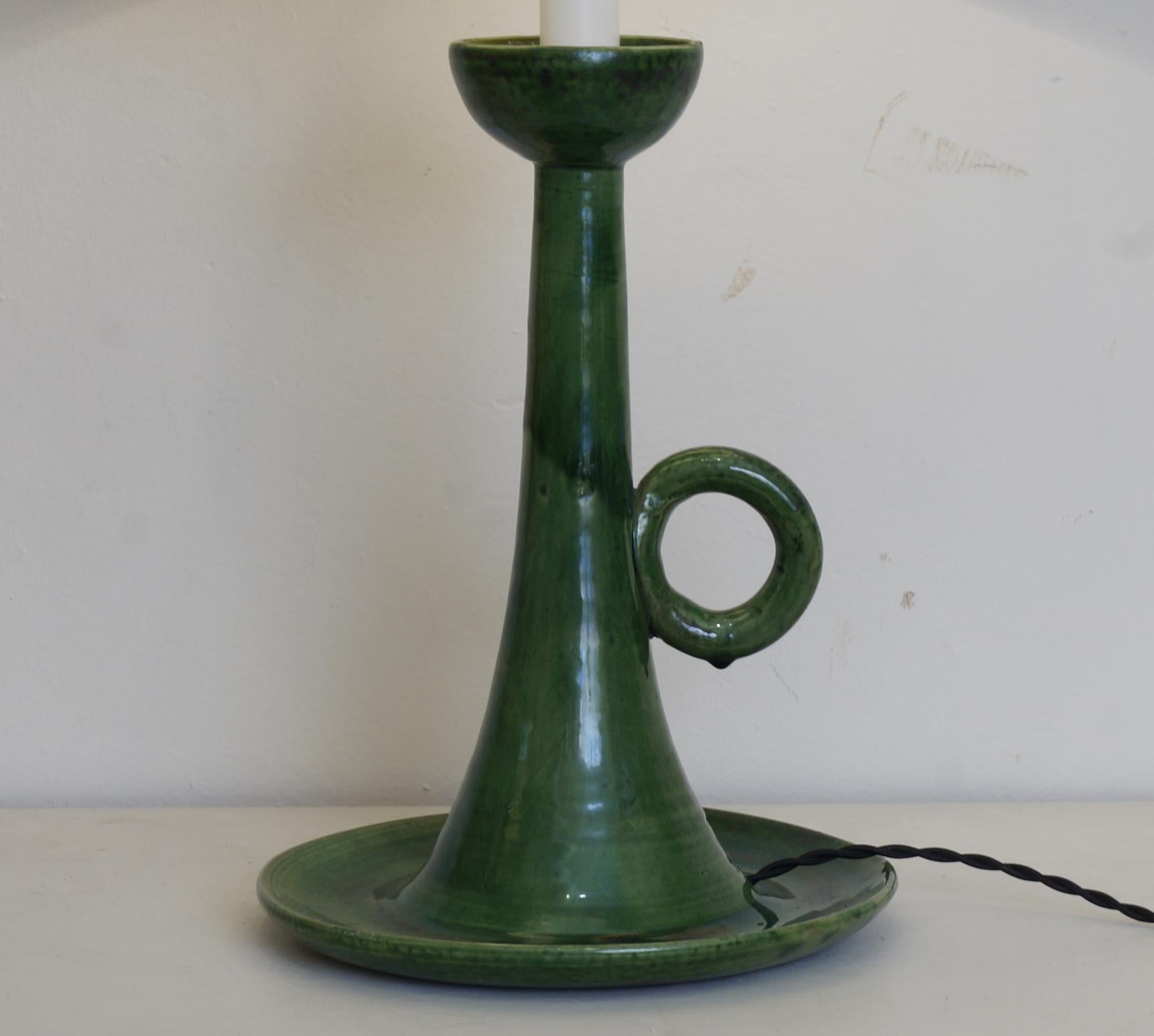 French 1960 Candleholder Green Ceramic Table Lamp
