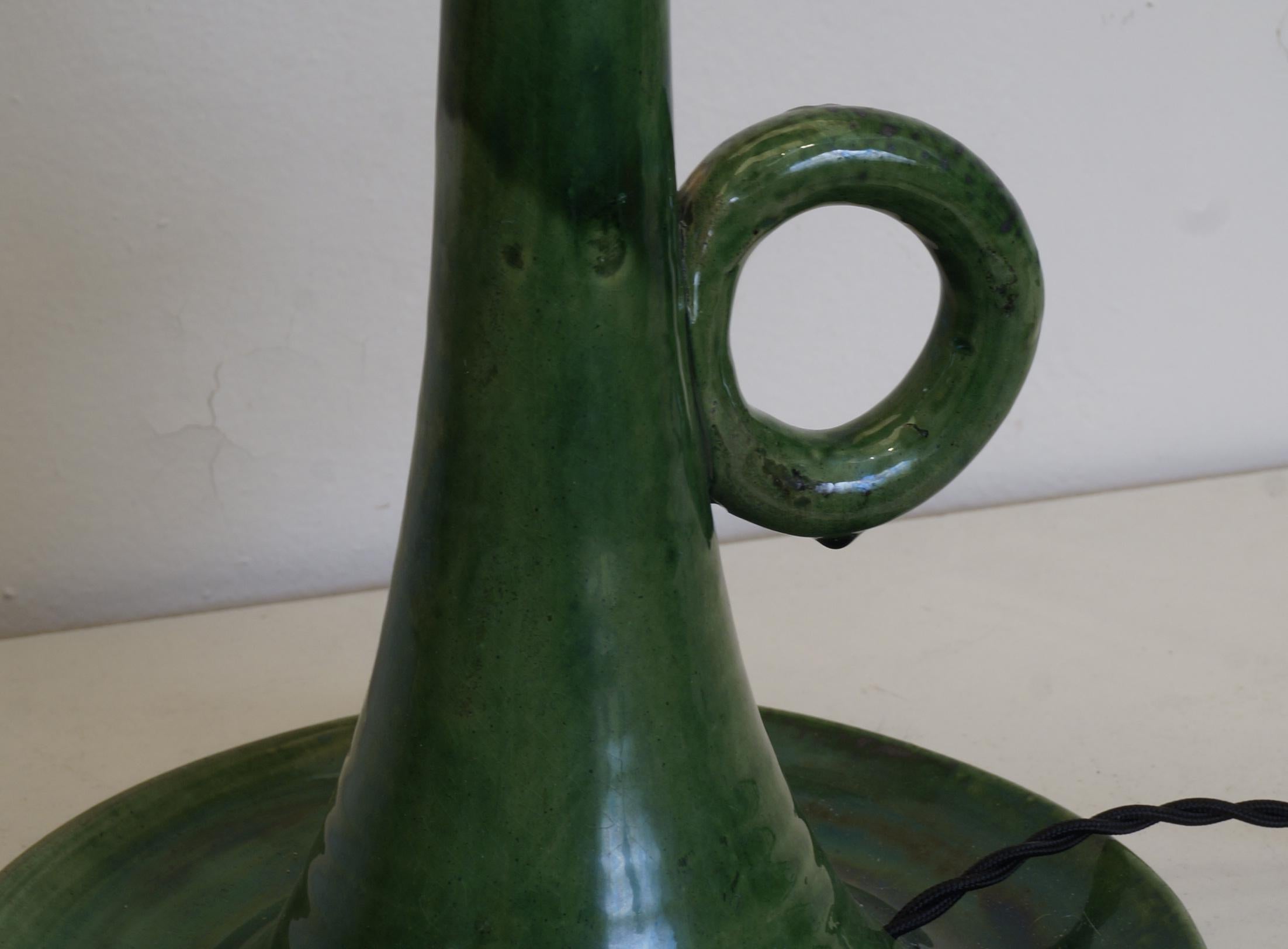Enameled 1960 Candleholder Green Ceramic Table Lamp