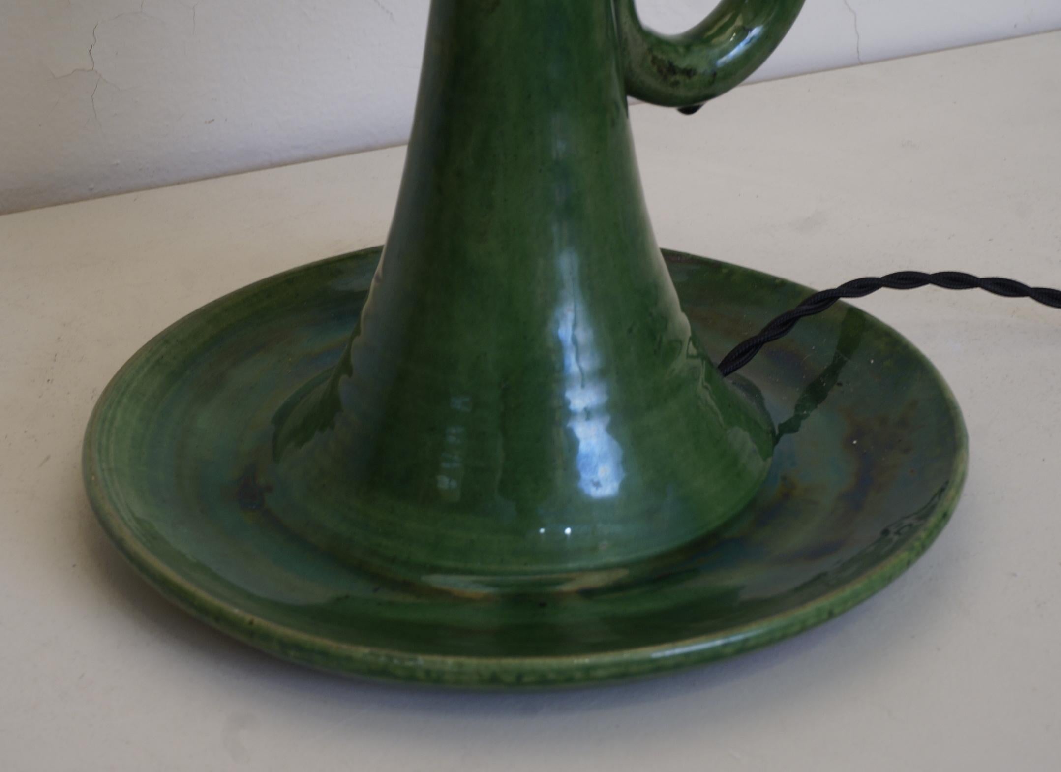 1960 Candleholder Green Ceramic Table Lamp In Good Condition In Paris, FR