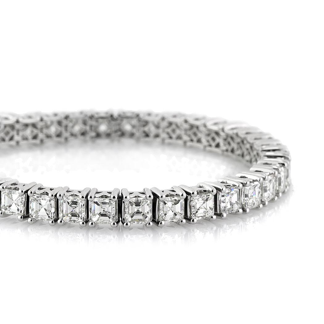 This elegant diamond bracelet features 19.60ct of Asscher cut diamonds graded at premium qualities of G-H in color, VS1-VS2 in clarity. The diamonds are impeccably matched and set in a classic 18k white gold, four prong setting style. 
