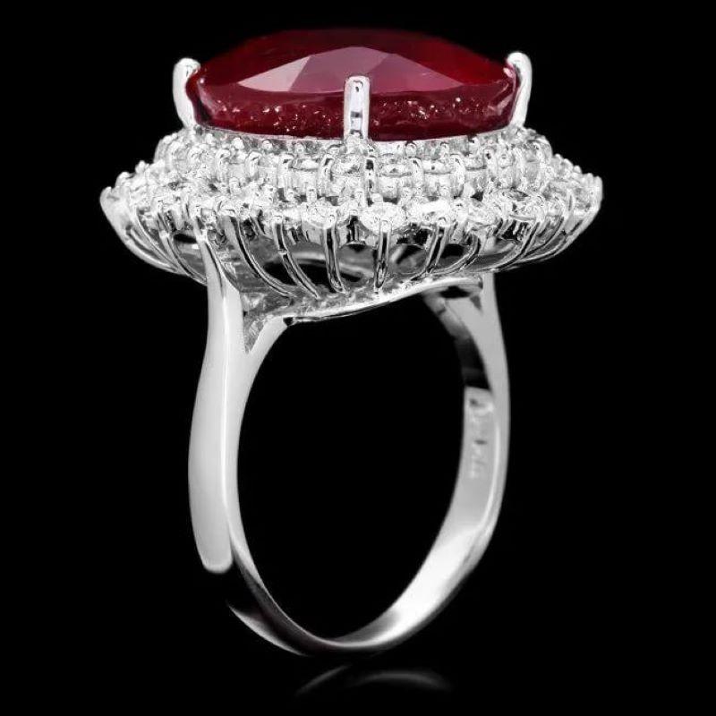 19.60 Carats Natural Red Ruby and Diamond 14K Solid White Gold Ring

Total Natural Red Ruby Weight is: Approx. 17.80 Carat

Ruby Measures: Approx. 16.00 x 14.00mm

Ruby treatment: Fracture Filling

Natural Round Diamonds Weight: Approx. 1.80 Carats