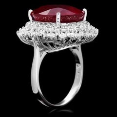 19.60 Carats Natural Red Ruby and Diamond 14K Solid White Gold Ring