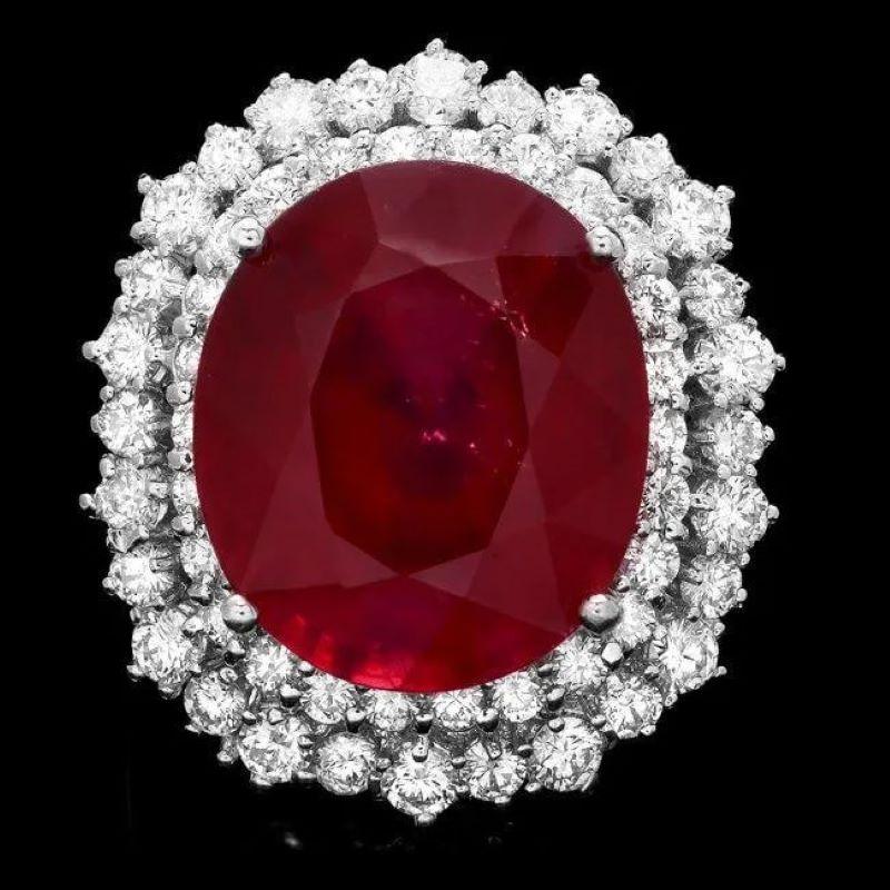Mixed Cut 19.60 Carats Natural Red Ruby and Diamond 14K Solid White Gold Ring For Sale