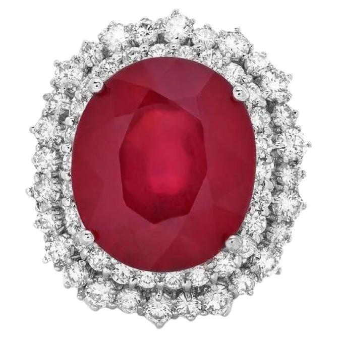 19.60 Carats Natural Red Ruby and Diamond 14K Solid White Gold Ring For Sale