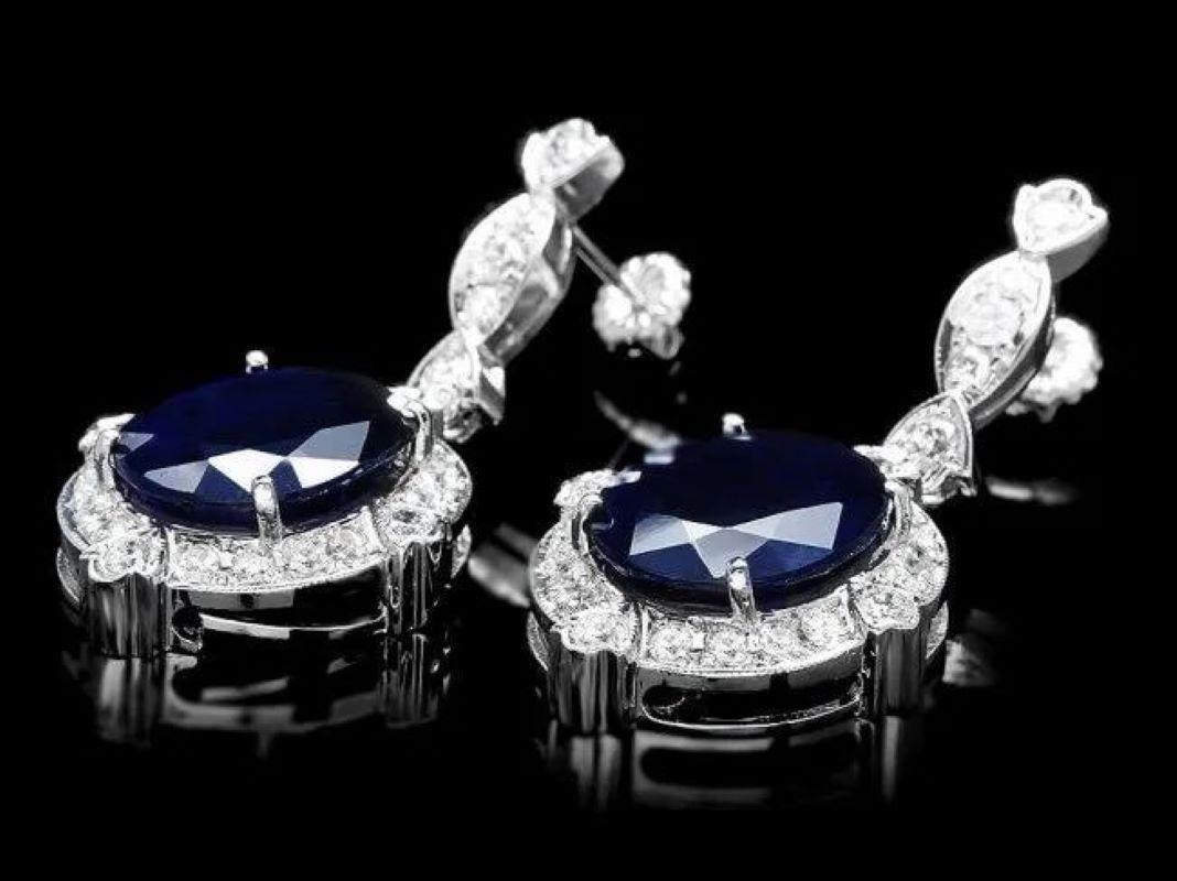 Mixed Cut 19.60 Carats Natural Sapphire and Diamond 18K Solid White Gold Earrings For Sale
