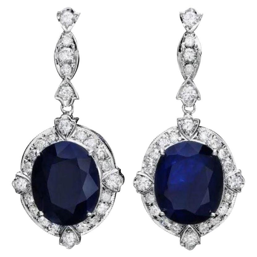 Boucles d'oreilles en or blanc massif 18 carats avec saphirs naturels de 19,60 carats et diamants