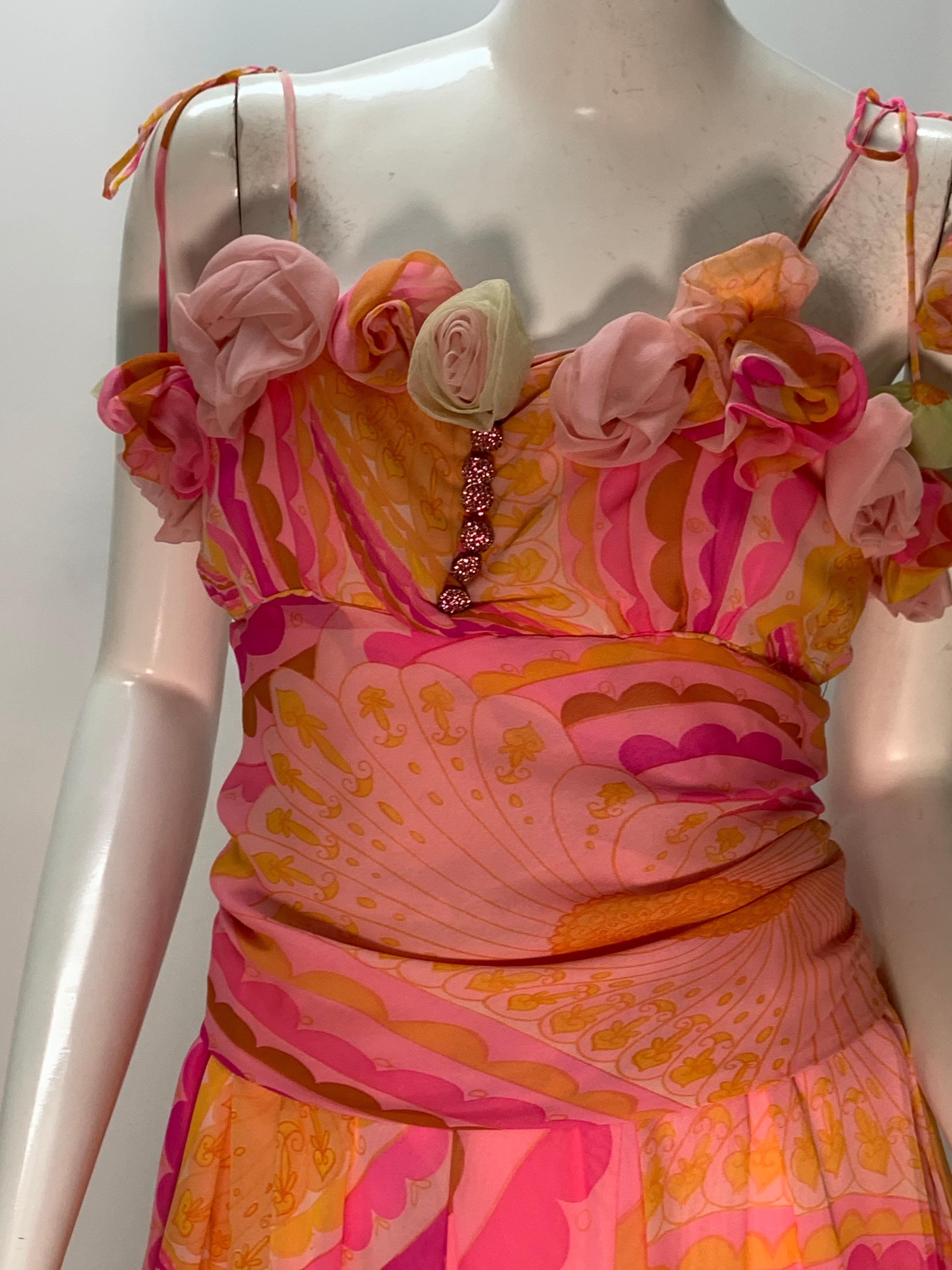 Orange 1960 Ceil Chapman Silk Chiffon Print Cocktail Dress W//Handmade Roses 