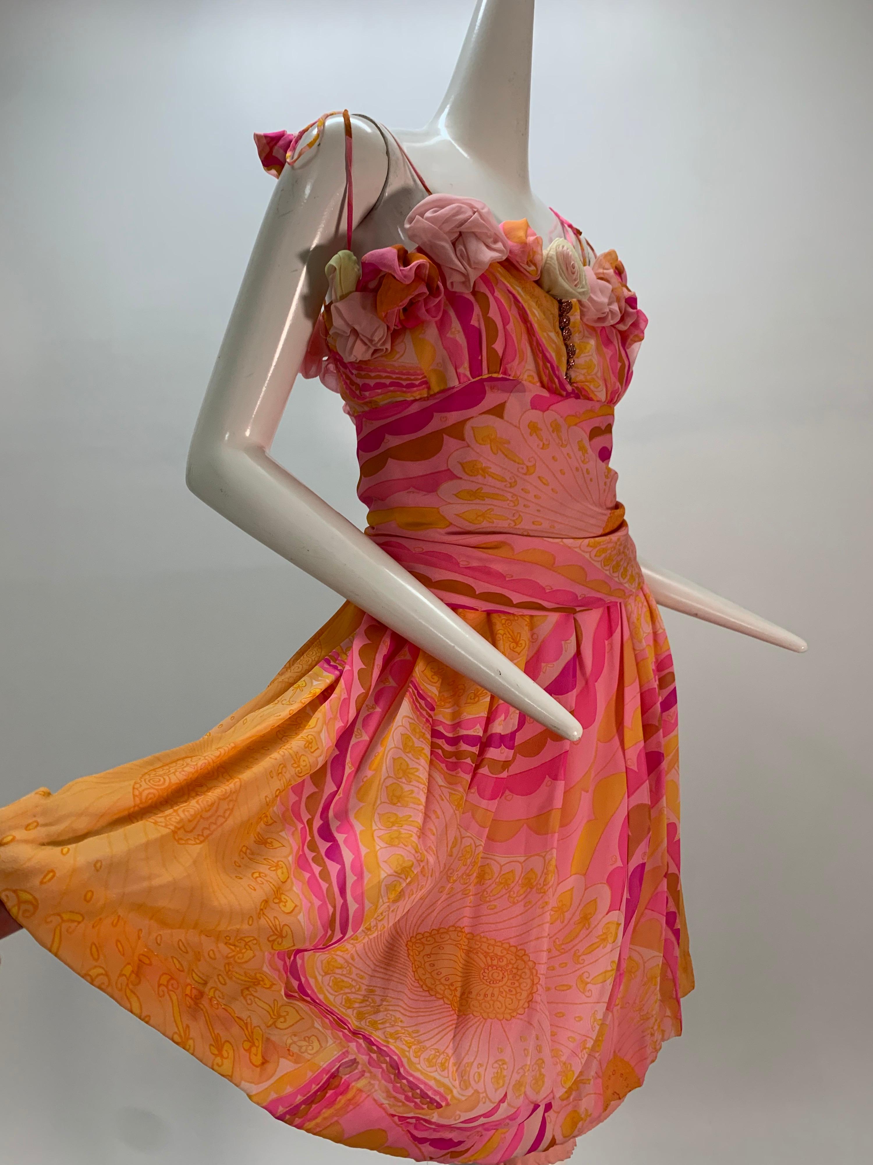 Women's 1960 Ceil Chapman Silk Chiffon Print Cocktail Dress W//Handmade Roses 