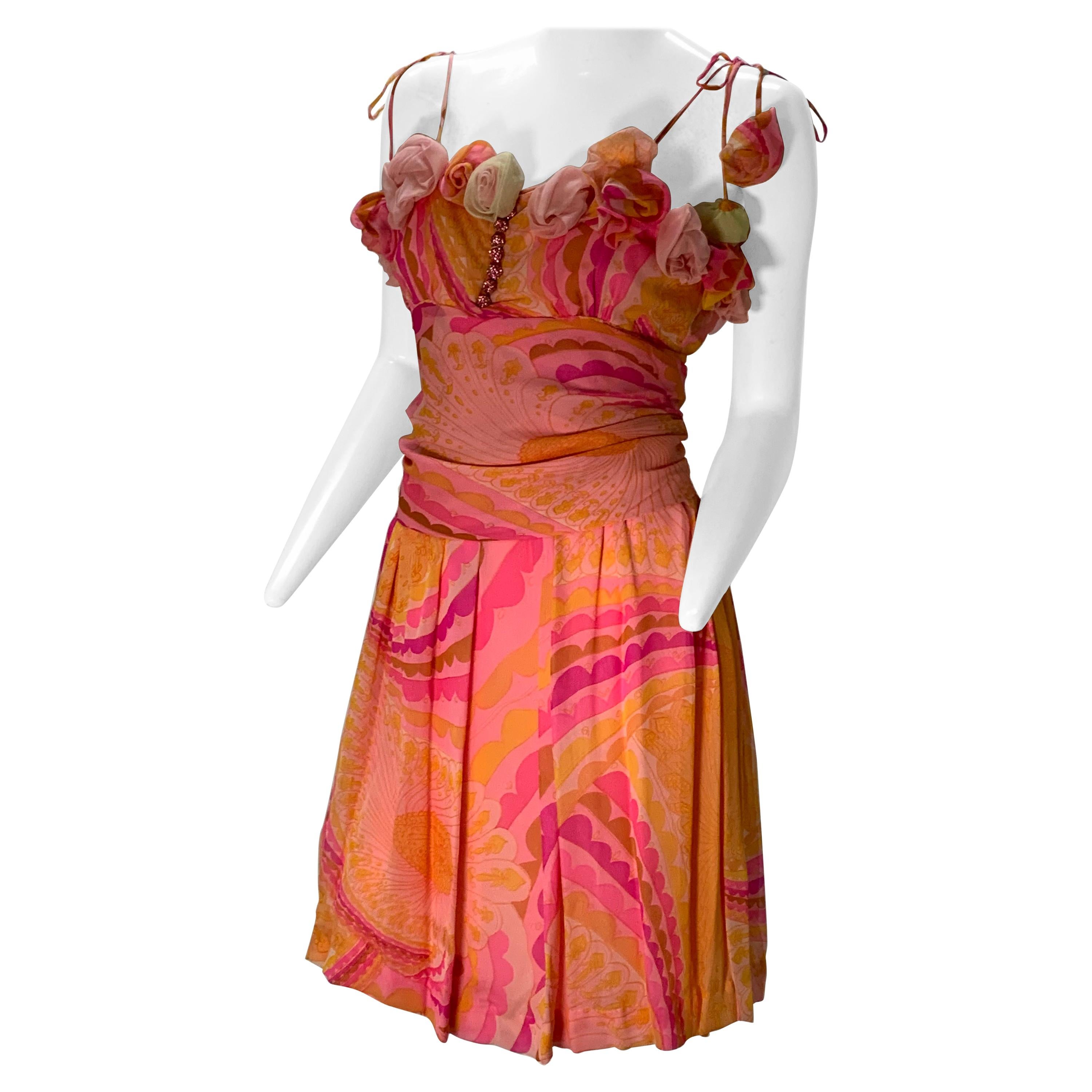 1960 Ceil Chapman Silk Chiffon Print Cocktail Dress W//Handmade Roses 