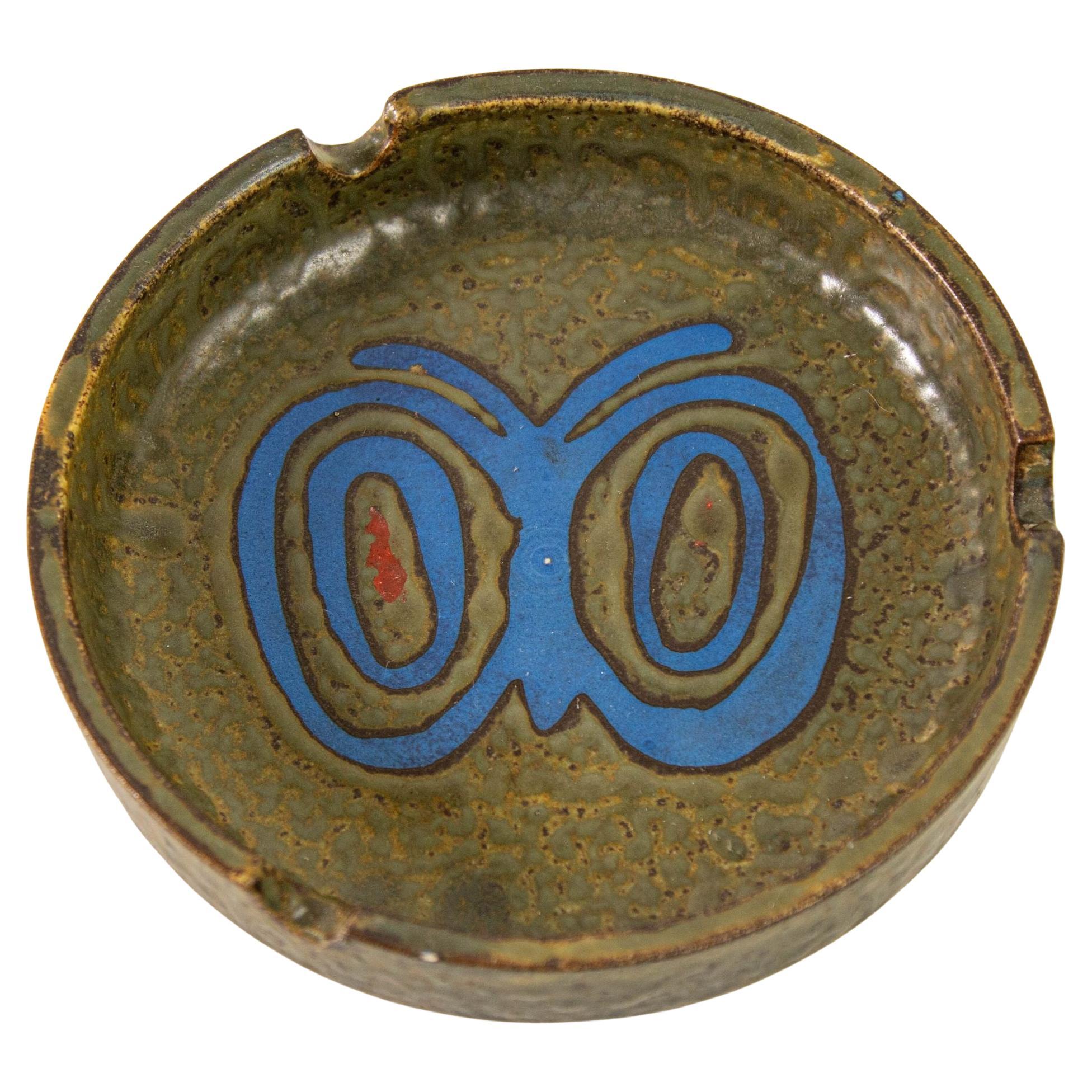 1960 Ceramic Ashtray Green Stoneware with Blue Butterfly