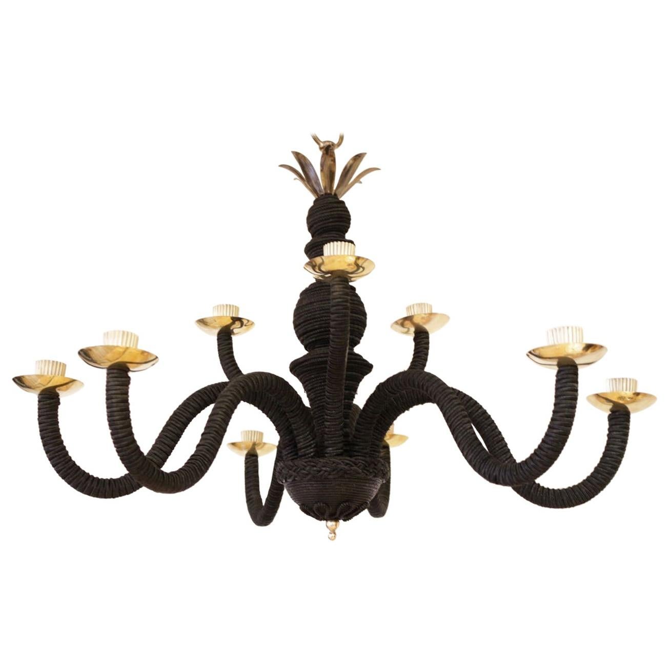 1960 Chandelier in Black Trimmings and Gilded Brass Maison Honoré