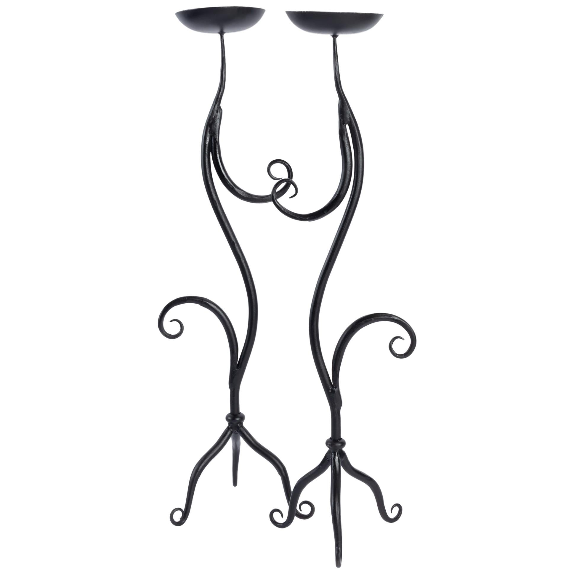 1960 Charming Pair of Wrought Iron Candlesticks, Ateliers Vallauris