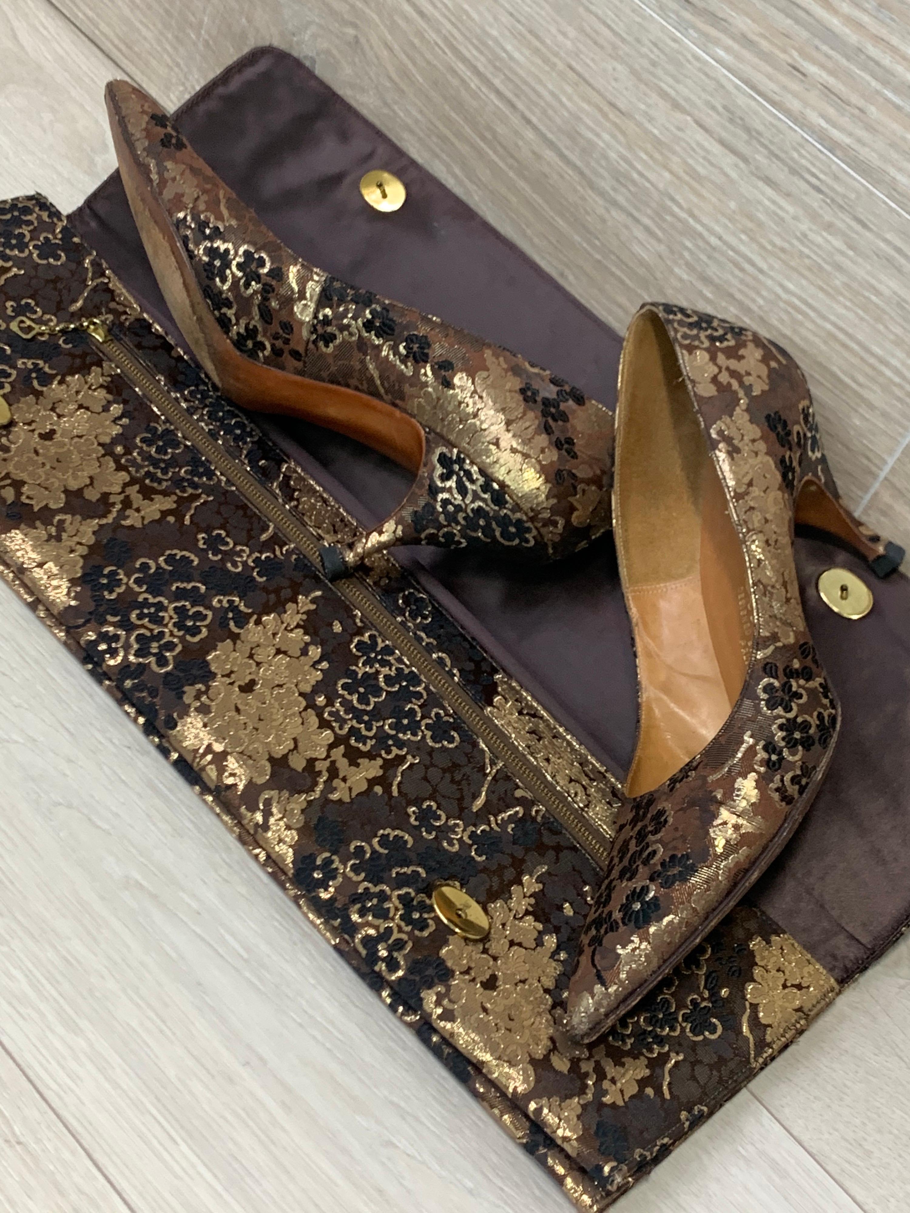 1960 Chocolate & Gold Silk Brocade Stiletto Heels and Dramatic Lennox Clutch 5