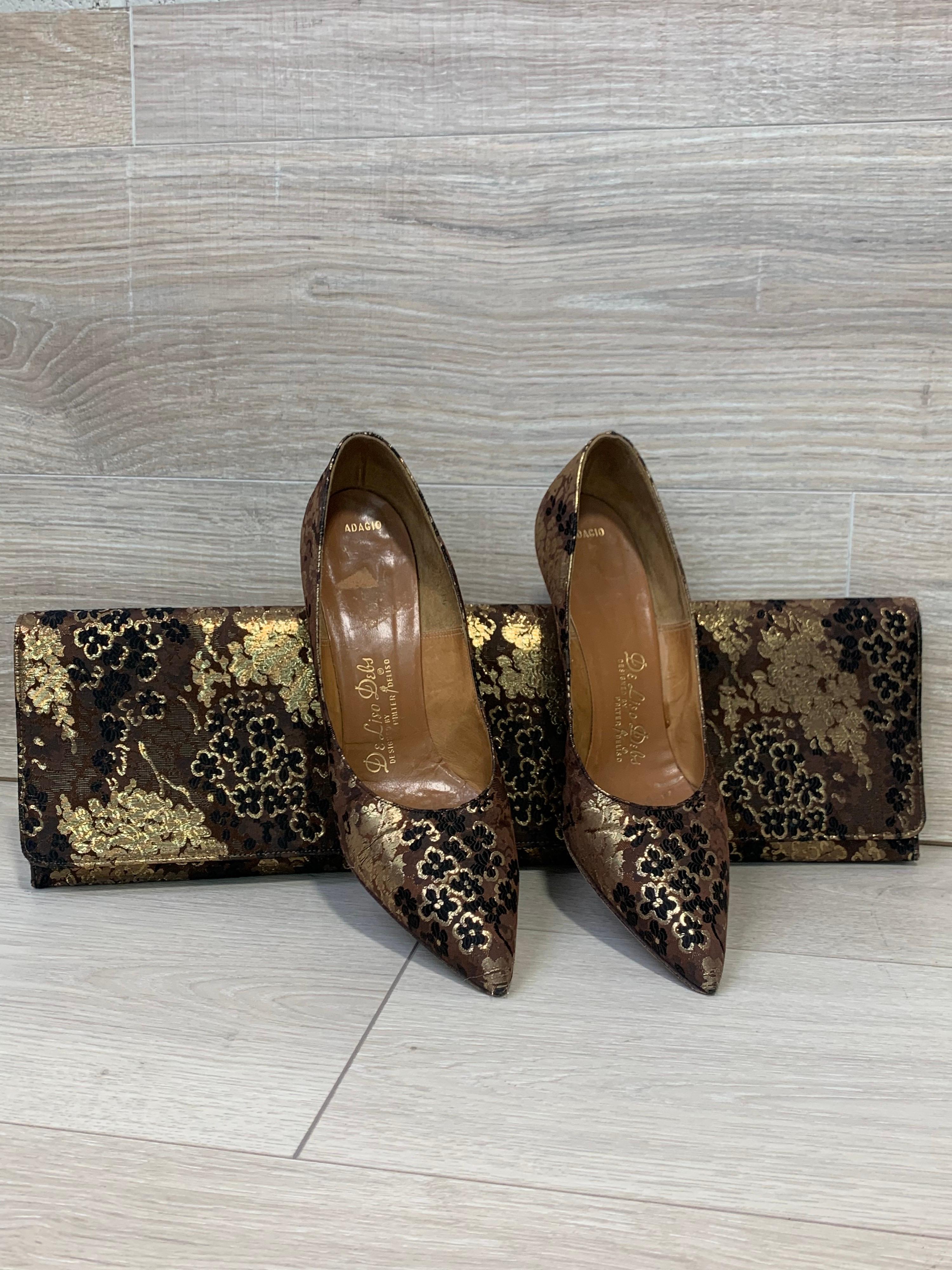 1960 Chocolate & Gold Silk Brocade Stiletto Heels and Dramatic Lennox Clutch 7
