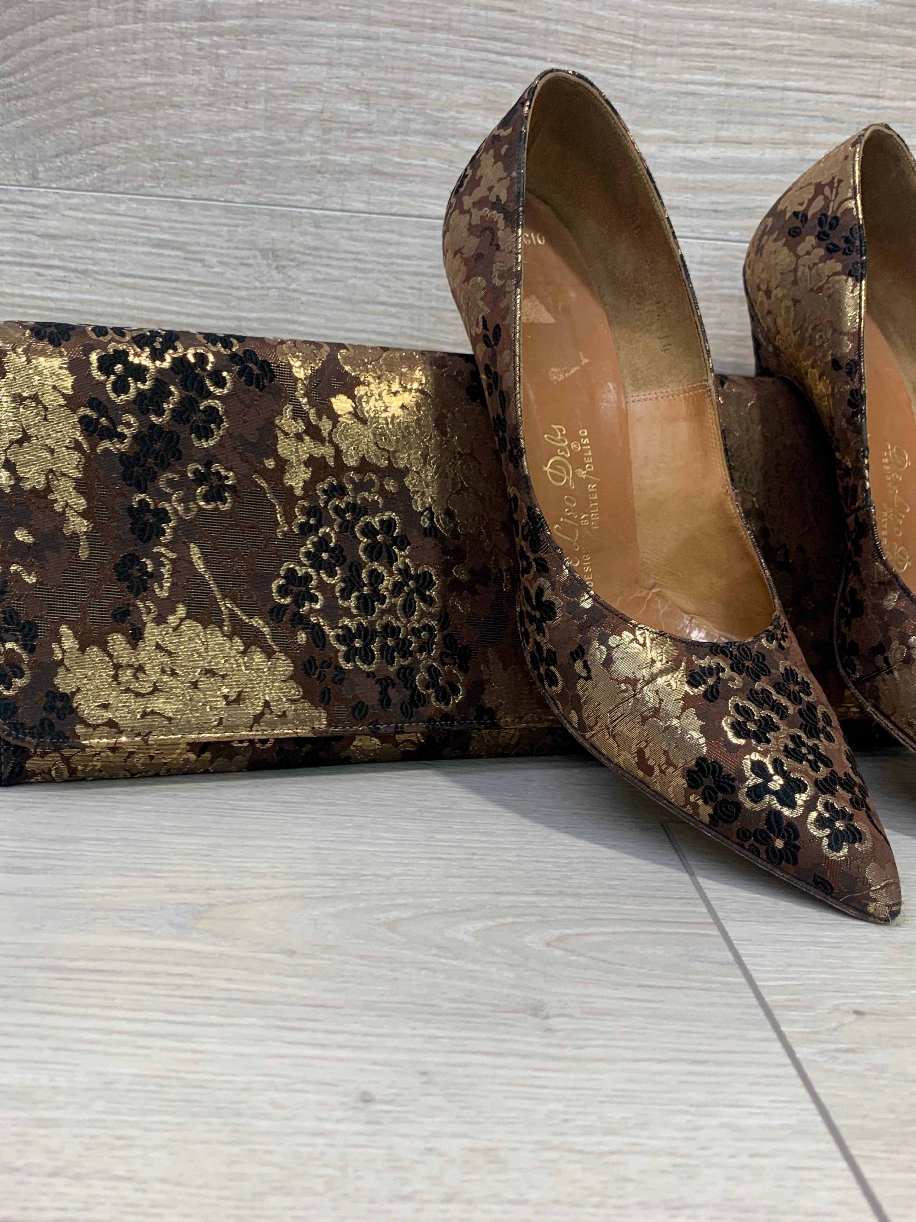 1960 Chocolate & Gold Silk Brocade Stiletto Heels and Dramatic Lennox Clutch 8