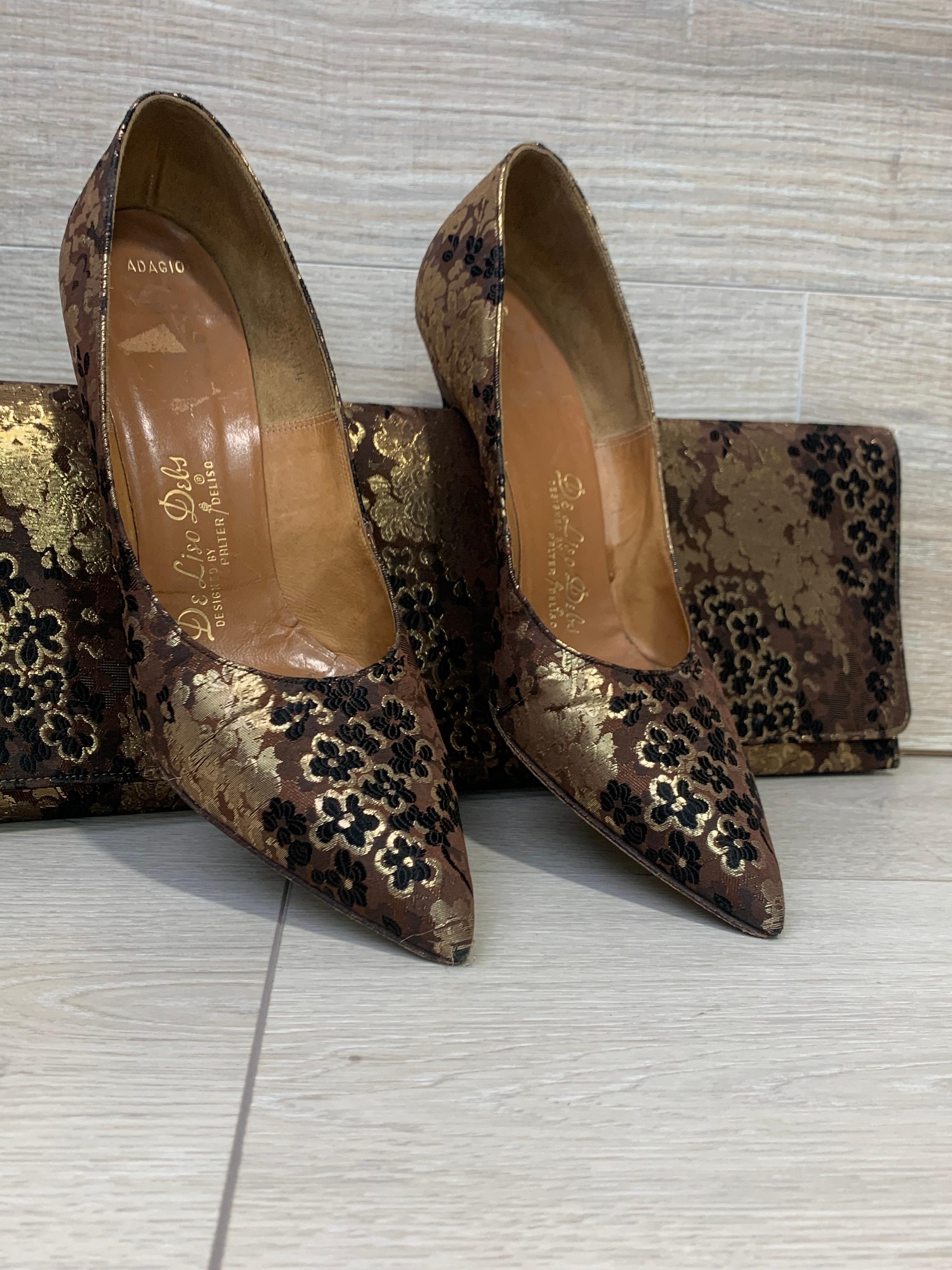1960 Chocolate & Gold Silk Brocade Stiletto Heels and Dramatic Lennox Clutch 9