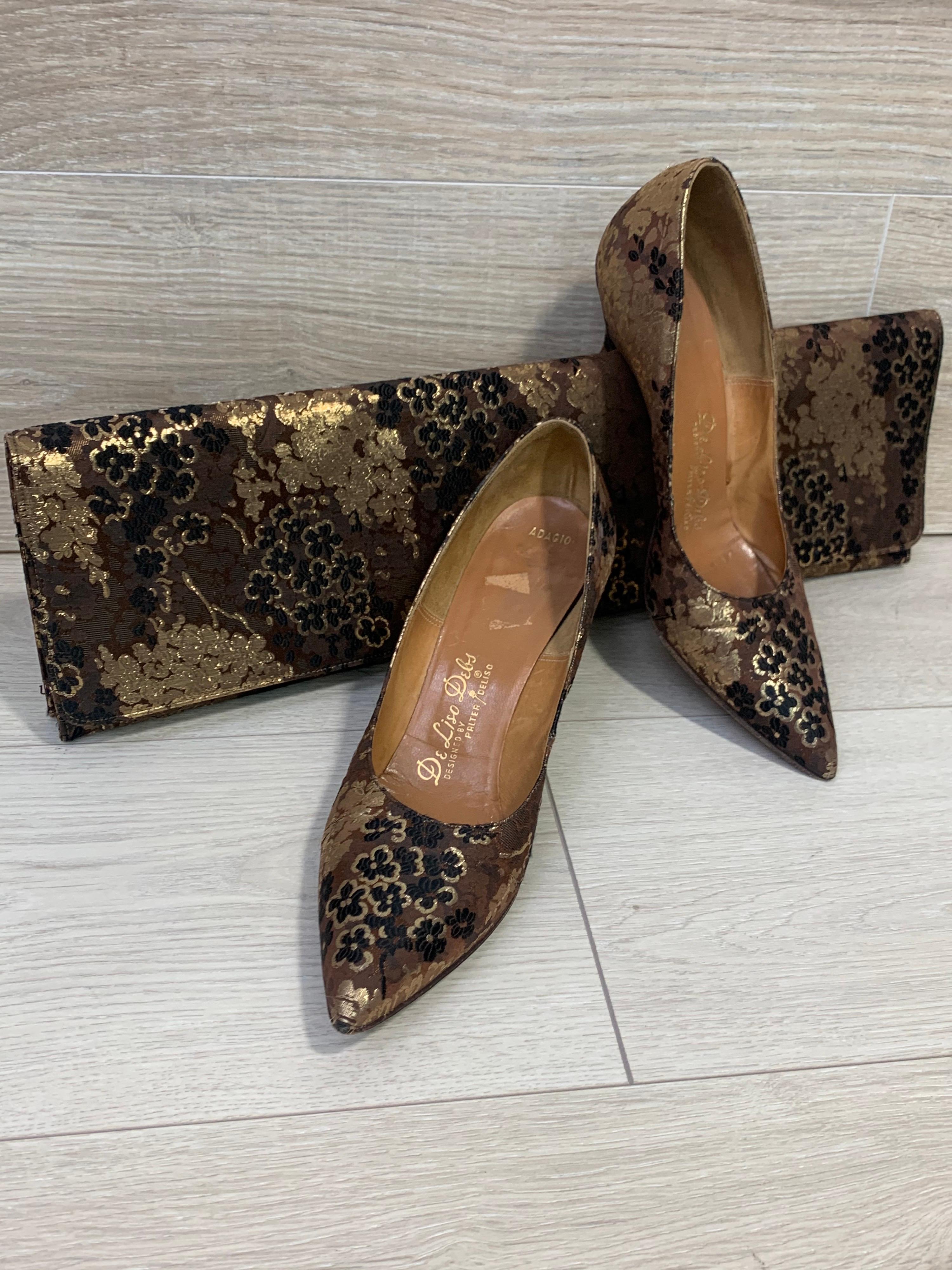 1960 Chocolate & Gold Silk Brocade Stiletto Heels and Dramatic Lennox Clutch 10