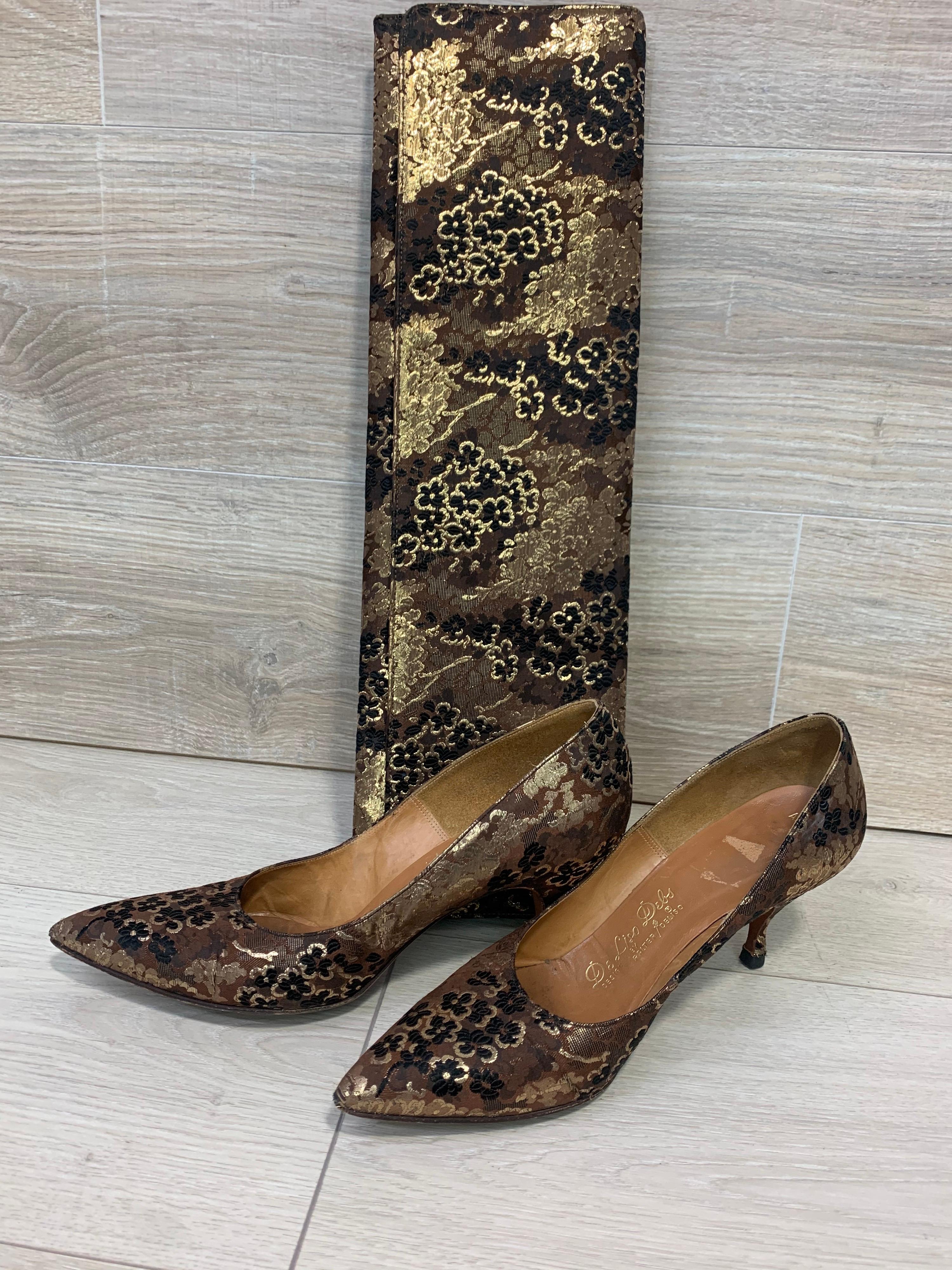 Gray 1960 Chocolate & Gold Silk Brocade Stiletto Heels and Dramatic Lennox Clutch