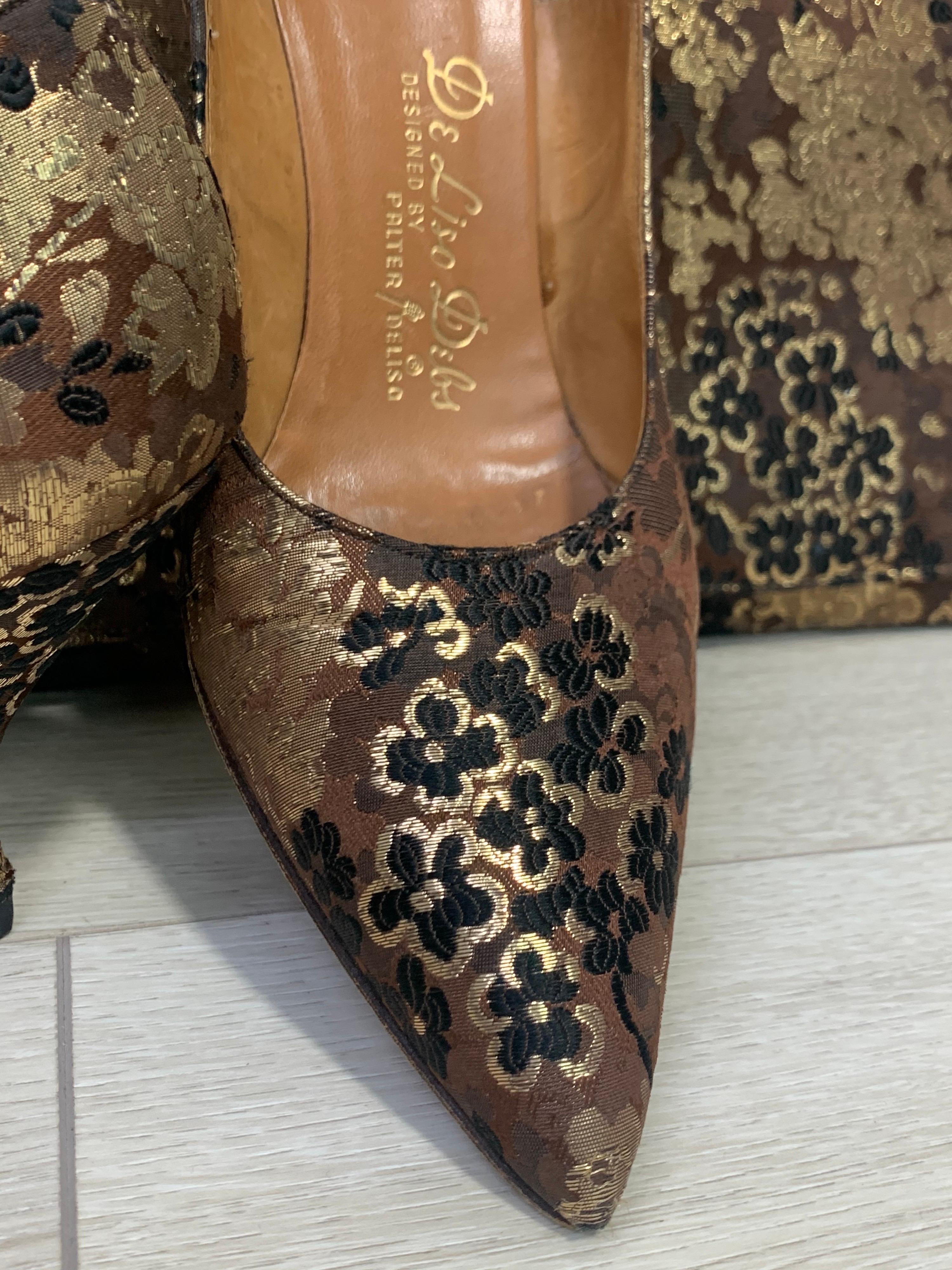 1960 Chocolate & Gold Silk Brocade Stiletto Heels and Dramatic Lennox Clutch In Excellent Condition In Gresham, OR