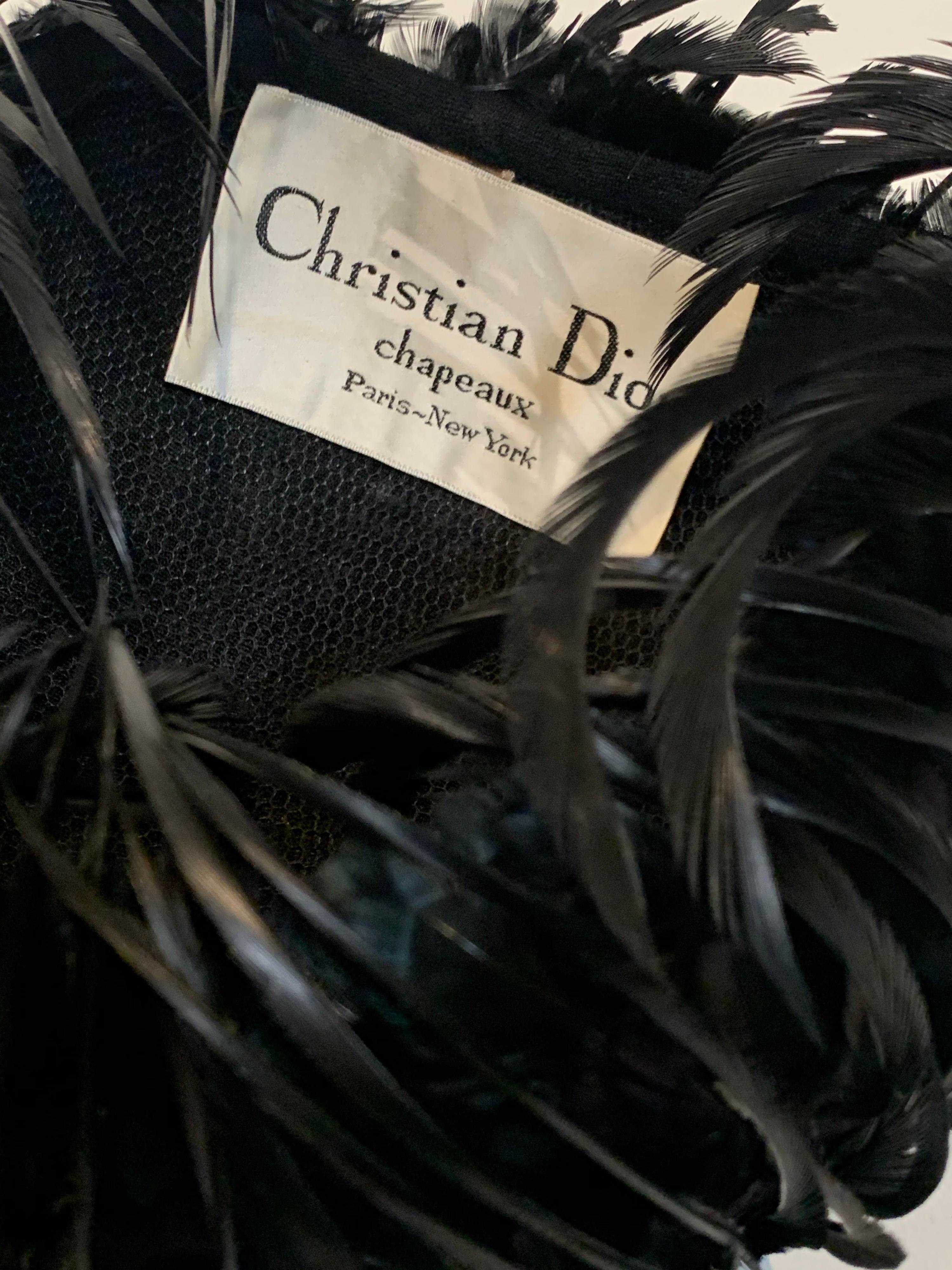 1960 Christian Dior By Marc Bohan Black Feather & Quill Structured Cocktail Hat For Sale 7