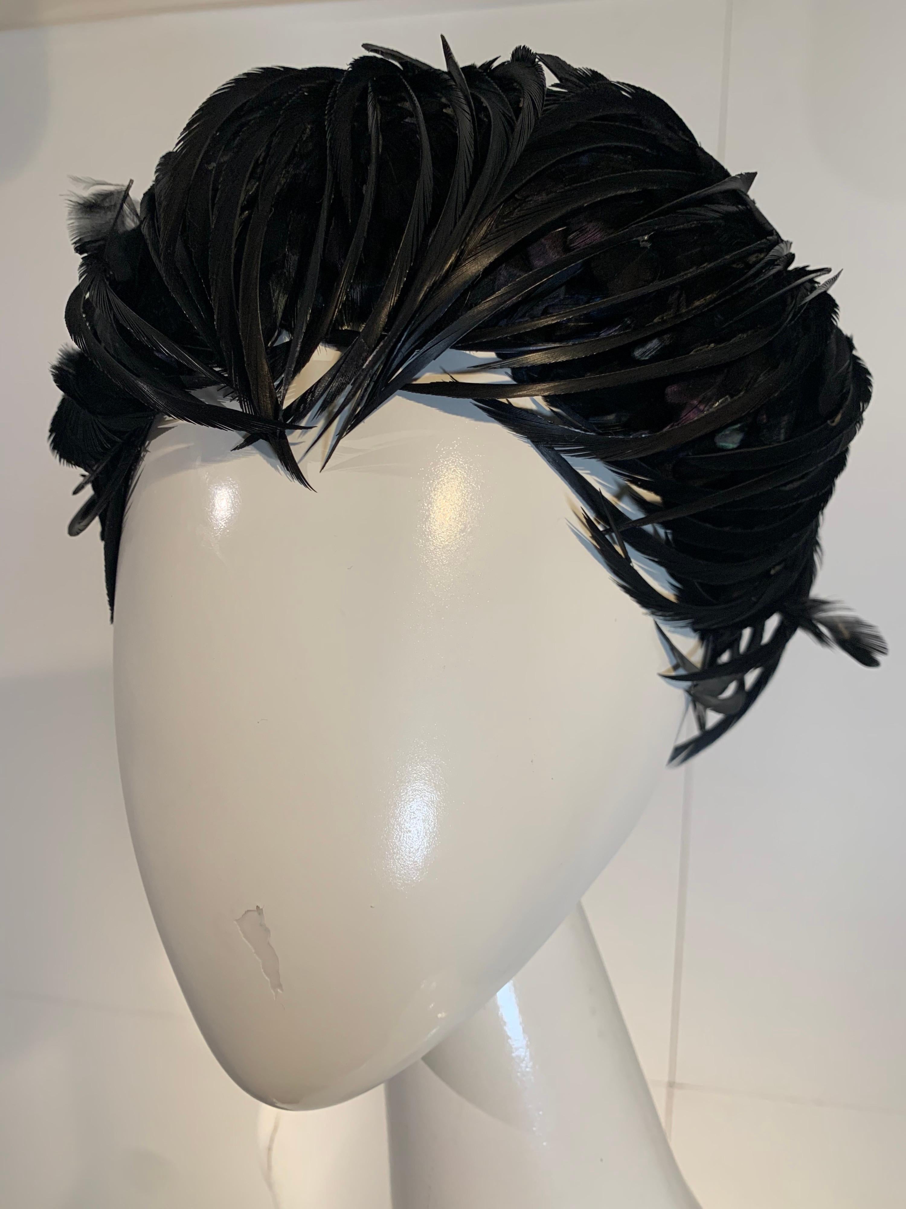 1960 Christian Dior By Marc Bohan Black Feather & Quill Structured Cocktail Hat In Excellent Condition For Sale In Gresham, OR