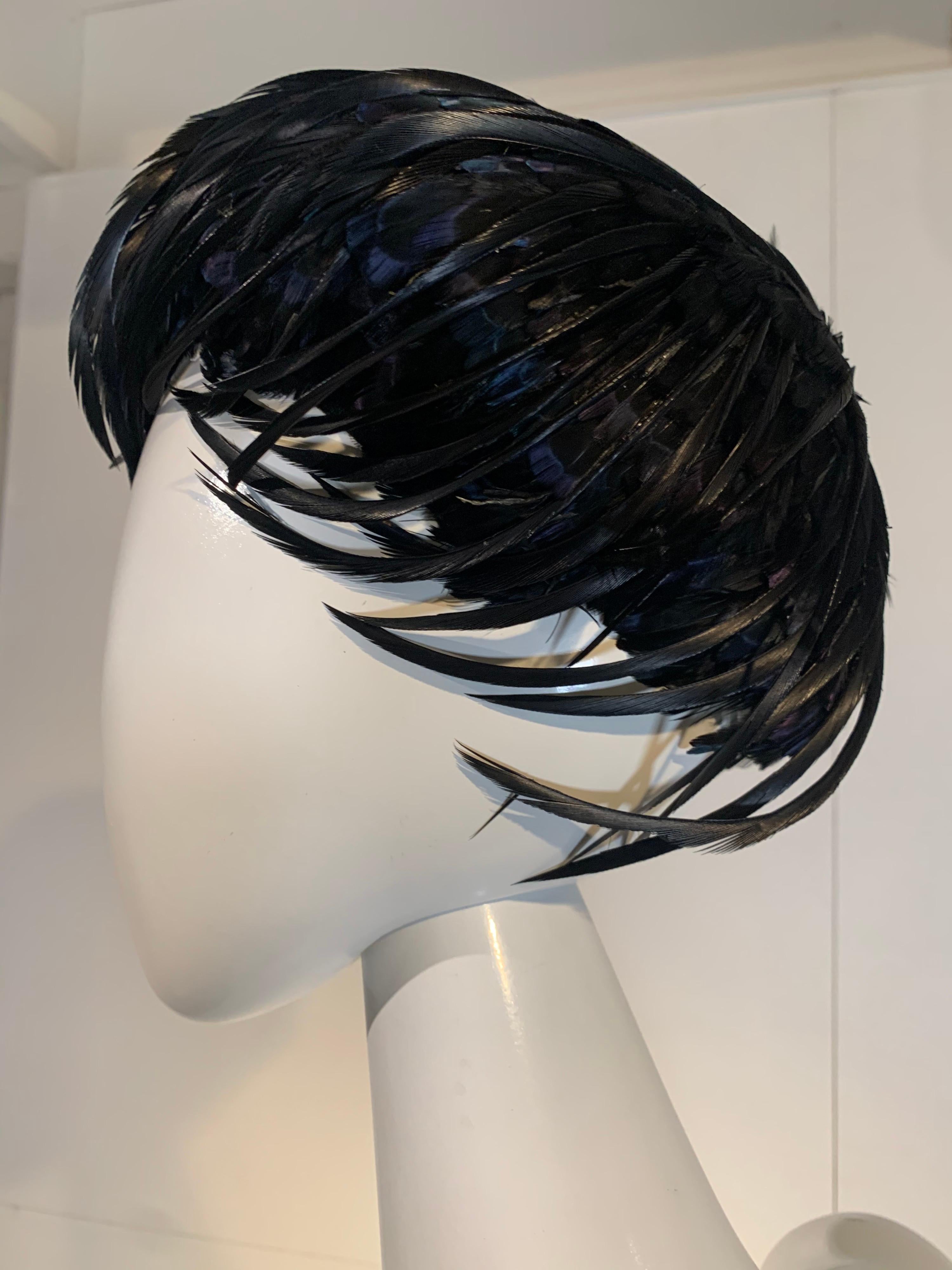 1960 Christian Dior By Marc Bohan Black Feather & Quill Structured Cocktail Hat For Sale 1